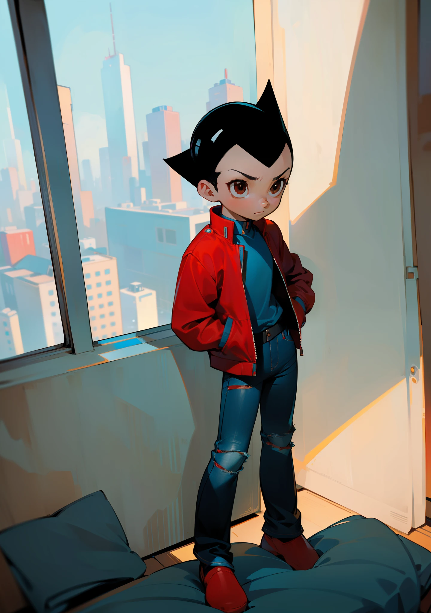 ((best quality)), ((masterpiece)), (detailed), solo, 1boy, perfect face, full body image of Astro Boy, in his room, looking out the window at metro city, brown eyes, wearing a ((((medium blue)))) zip-up jacket with red collar and cuffs, ((((white)))) tshirt, (((black jeans))) with ((red accents)), and red boots.