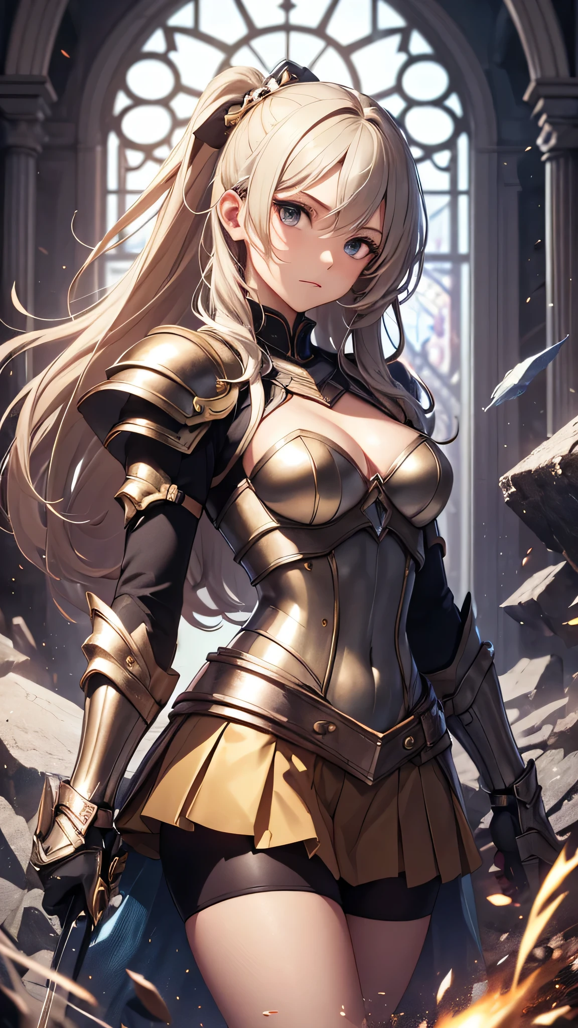 最high quality、best image quality、masterpiece、age girl((18-year-old、 By becoming、vest bust、medium bust,wide open breast tea、black eye, blonde、ponytail、thin,highest valley、toned chest、gold armour、silver armor short skirt、Holding a sword in his right hand、Equipped with a shield on the left hand)),high quality、beautiful art、background((church、light shines in)),debris flies、Depth of written boundary、movie、visual art、perfect art、8K,genuine