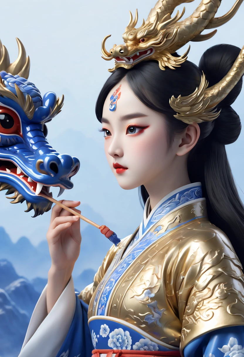 close up,In front of Blue and white porcelain dragon stands a Chinese girl,,Chinese Peking Opera,Hua Dan,Tin foil gold,wearing a gorgeous Hanfu,Chinese Blue and white porcelain dragon,grand scene, minimalism, Chinese dragon, C4D rendering, Surrealism, master works, movie lighting, Ultra HD, fine detail, color rating, 32K HD