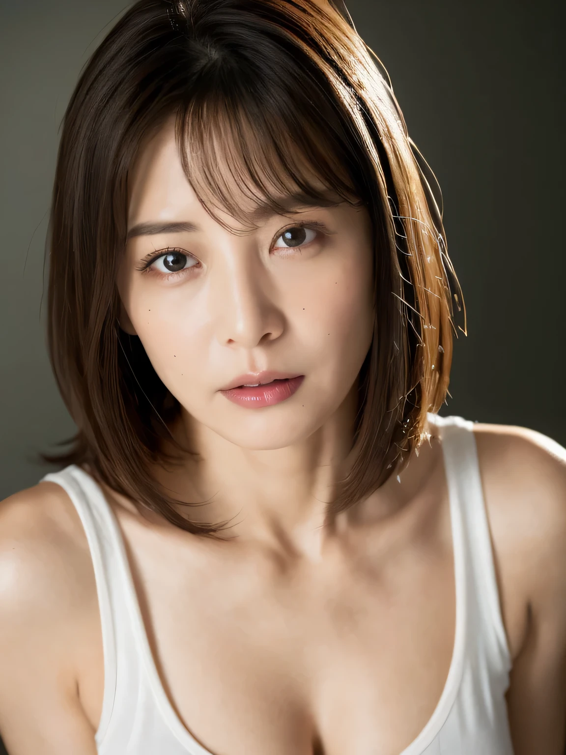 (masterpiece:1.3), (8K, Photorealsitic, Raw photography, Top image quality: 1.4), Adult women in Japan、((Silver Slim Frame Glasses、Looking at the camera、Kamimei、very short-haired、Random hairstyles:1.8、big breasts thin waist))、Super Detail Face、Eye of Detail、二重まぶた、foco nítido:1.2、prety woman:1.4、light brown hair、top-quality、masterpiece、超A high resolution、(Photorealsitic:1.4、Being in the company、a desk、personal computers、boob focused、Appeal、Naked after bathing、Gesture to pull up hair and show ears)、Highly detailed and professional dim lighting、slender、serious facial expression、