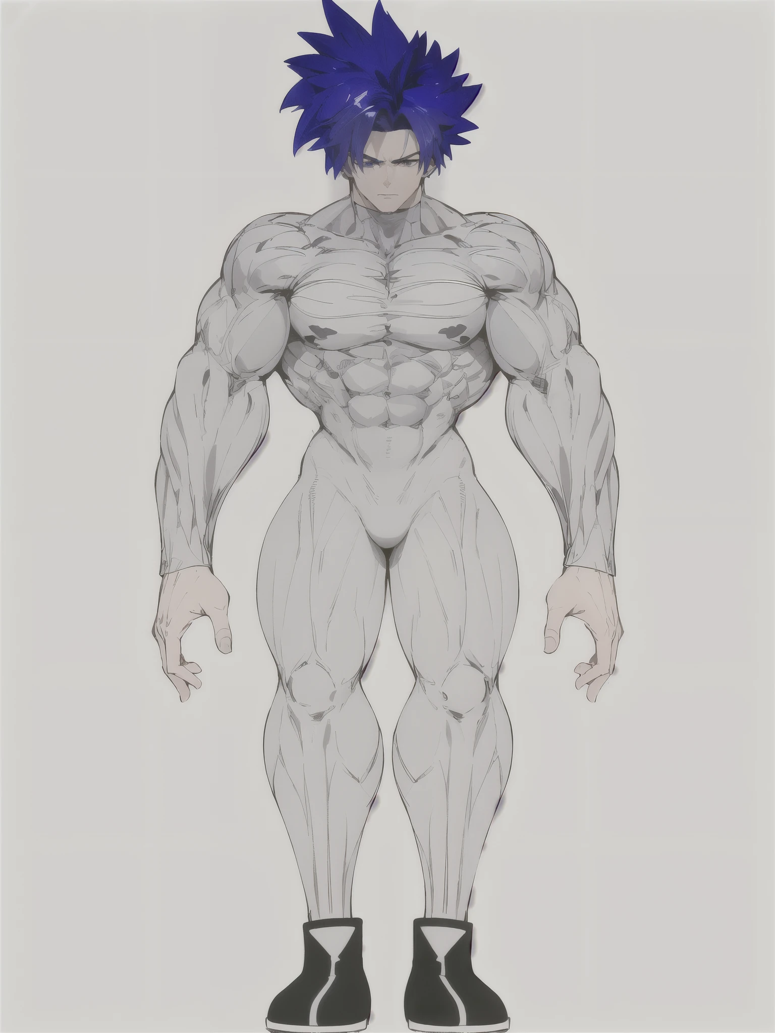 ((best quality, masterpiece, highres)),1man, very muscular, very defined mucles, blue hair, blue eyes, pretty tall, wearing a tight gray shirt and a tight white pants, black and white boots, serious facial expressions