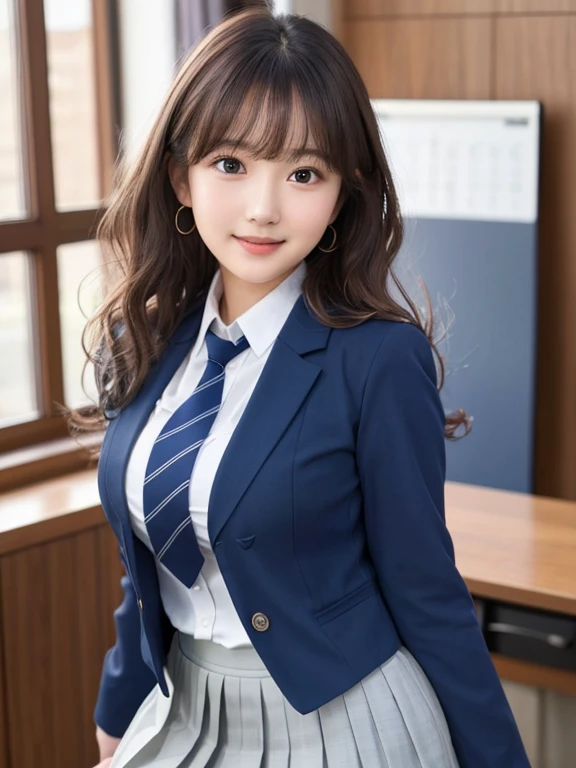 8K, highest quality, real image, intricate details, super detailed, Super high resolution, depth field,(realistic,realistic:1.2),table top , Frontal shot , From the middle ,
1 girl, Eye_Chan, very beautiful 17 year old girl, innocent big eyes,、beautiful breasts:1.5、highly detailed eyes:1.2)、(beautiful breasts:1.1)、wavy hair、curly hair、bangs、, perfect skin, Fair skin, huge breasts, cleavage, tight waist, light blush, alone, looking at the viewer, light smile,
((School_uniform),(dark blue blazer), (white shirt、Wearing a tie), (gray pleated skirt),
(sculpture installation :1.1)