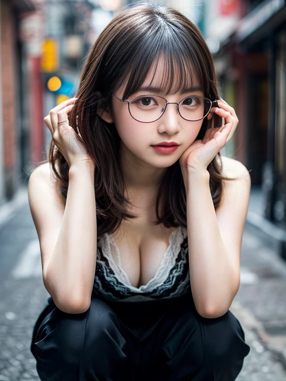 (8k, RAW photo, best quality, masterpiece, extremely detailed:1.2) (realistic, photo-realistic:1.4) sharp focus, (blurred background:1.2) bokeh (close up:1.4)
BREAK
1 extremely cute Japanese idol (wearing detailed glasses:1.5) 20 years old, detailed extremely pale skin, (embarrassed,blush:1.3) open mouth, perfect anatomy (squatting, chubby:1.3) big breasts(sexy pose:1.3) (half naked, taking off clothes:1.3) lingerie, narrow alley way, (dark midnight:1.4)
