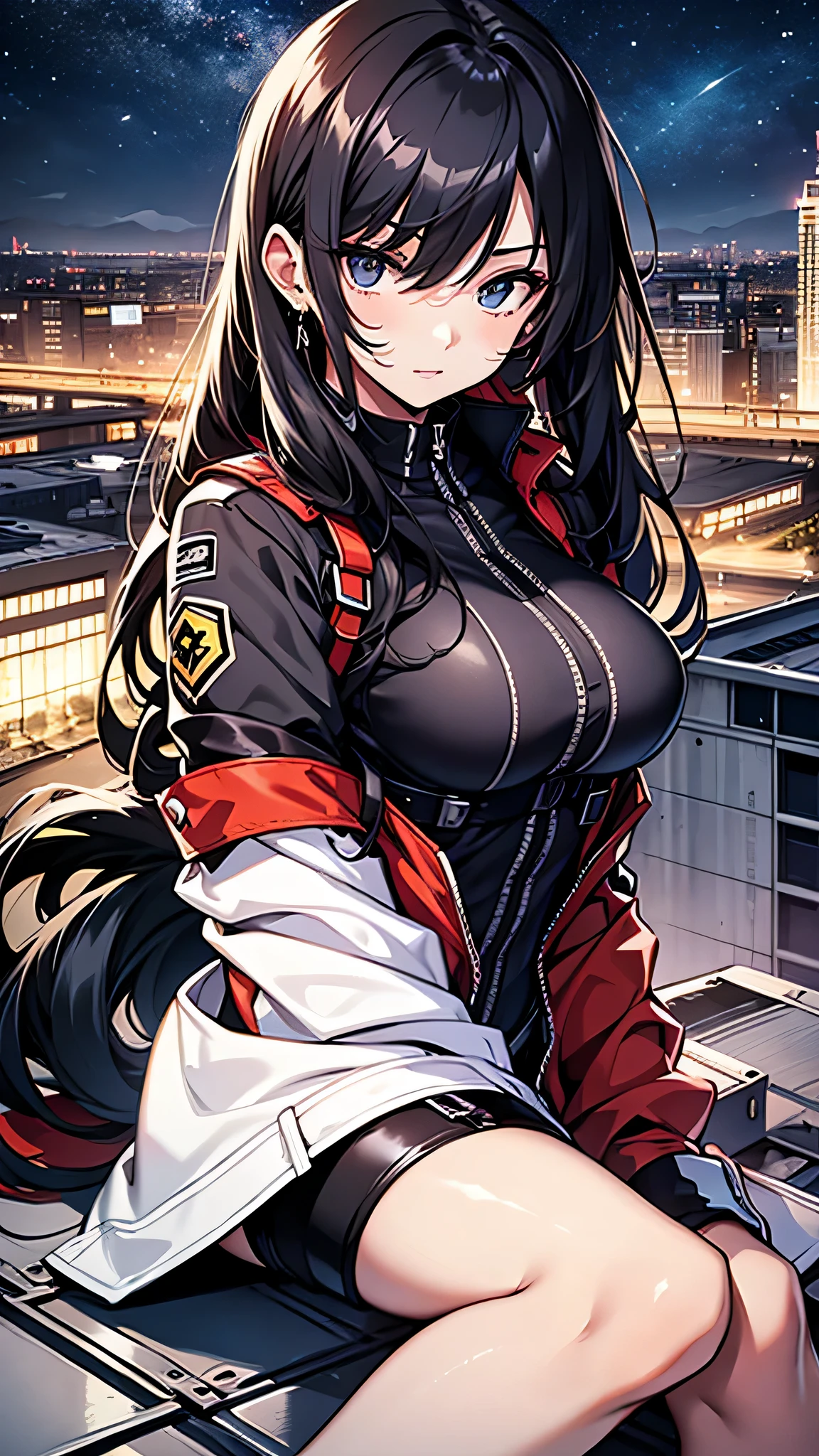 最high quality、best image quality、masterpiece、age girl((18-year-old、 By becoming、vest bust、medium bust,wide open breast tea、black eye, black hair、long hair、thin,highest valley、toned chest、white pilot suit、knee high boots、red jacket)),high quality、beautiful art、background((Building rooftop at night、heliport)),debris flies、Depth of written boundary、movie、visual art、perfect art、8K,genuine