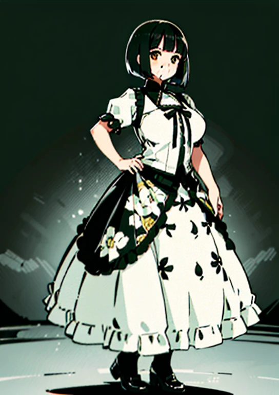 1 girl, ((masterpiece, side light, beautiful eyes: 1.2), super detailed, ultra high resolution, professional lighting, high quality make up, beautiful detailed eyes), (highest quality:0.8), perfect anime illustrinion,  beautiful, flin color background, simple background, whole body ,  looking for_in_viewer, 一人in, (whole body:1.5), (black hair:1.2), dark brown eyes, (big breasts:1.2), 一人in,Wasachiri, Huasachina,  sash, puffy dress, dress, Puffy short sleeves, pantyhose, black shoes, Floral, print dress, put your hand on your waist, handkerchief,tof, (asymmetric bob cut:1.1),(low length:1.1),(Chubby:1.2),(おinこ:1.2),(tits for days:1.2),(huge tits:1.2)