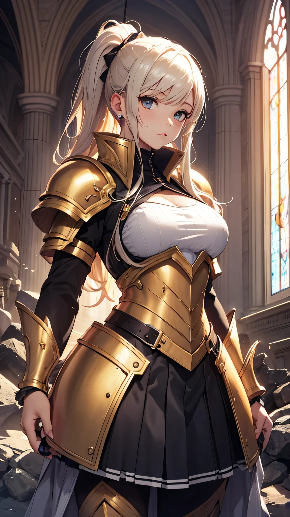 最high quality、best image quality、masterpiece、teenage girl((18-year-old、 By becoming、vest bust、medium bust,wide open breast tea、black eye, blonde、ponytail、thin,highest valley、toned chest、gold armour、silver armor short skirt、Holding a sword in his right hand、Equipped with a shield on the left hand)),high quality、beautiful art、background((church、light shines in)),debris flies、Depth of written boundary、movie、visual art、perfect art、8K,genuine