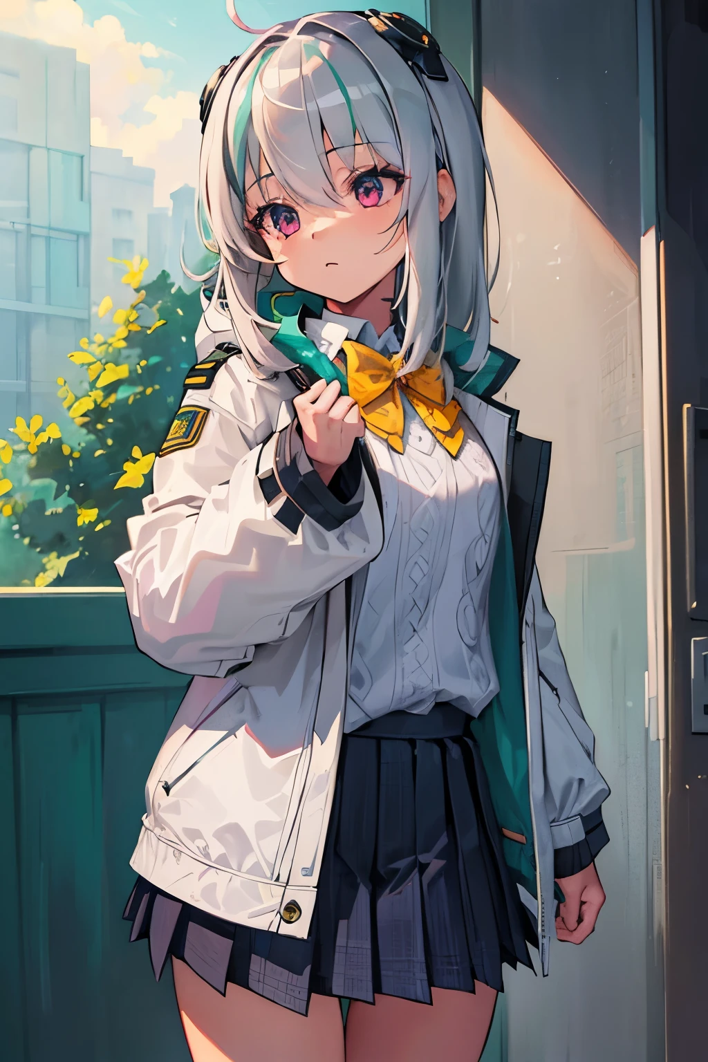 (masterpiece, best quality:1.2), illustration, 8k, hd, solo, 1girl, bangs, hair between eyes, silver hair, green streaked hair, uniform, pleated skirt, cowboy shot, pink eyes, nikkeadmi, sweater, white jacket, short, very young, loli,