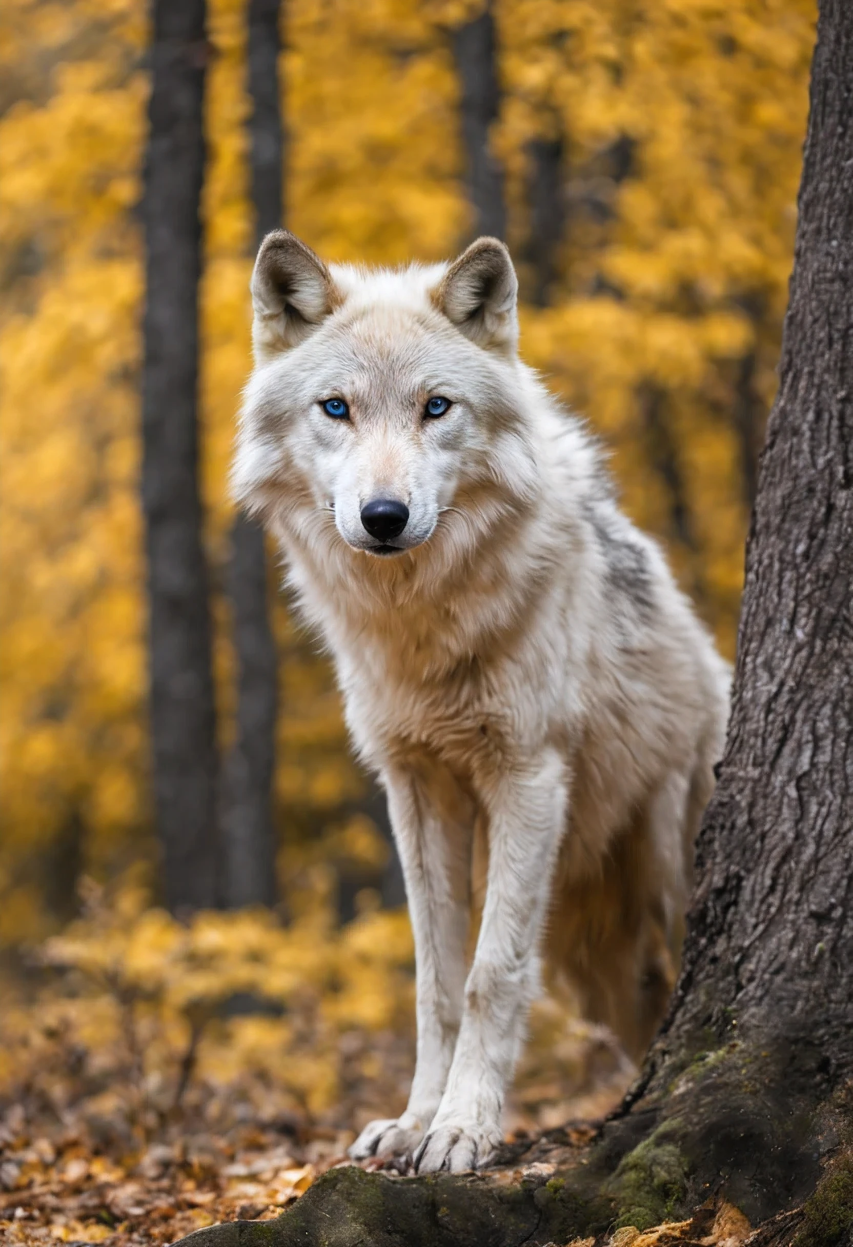 arafed white wolf looking at the camera with a tree in the background, a white wolf, white wolf, wolves and their treasures, white wolf with blue eyes, he has yellow wolf eyes, portrait of a wolf, photo of wolf, lone wolf, great wolf, by Wolf Huber, wolf, white - haired fox, wolf portrait, white fox, wolp