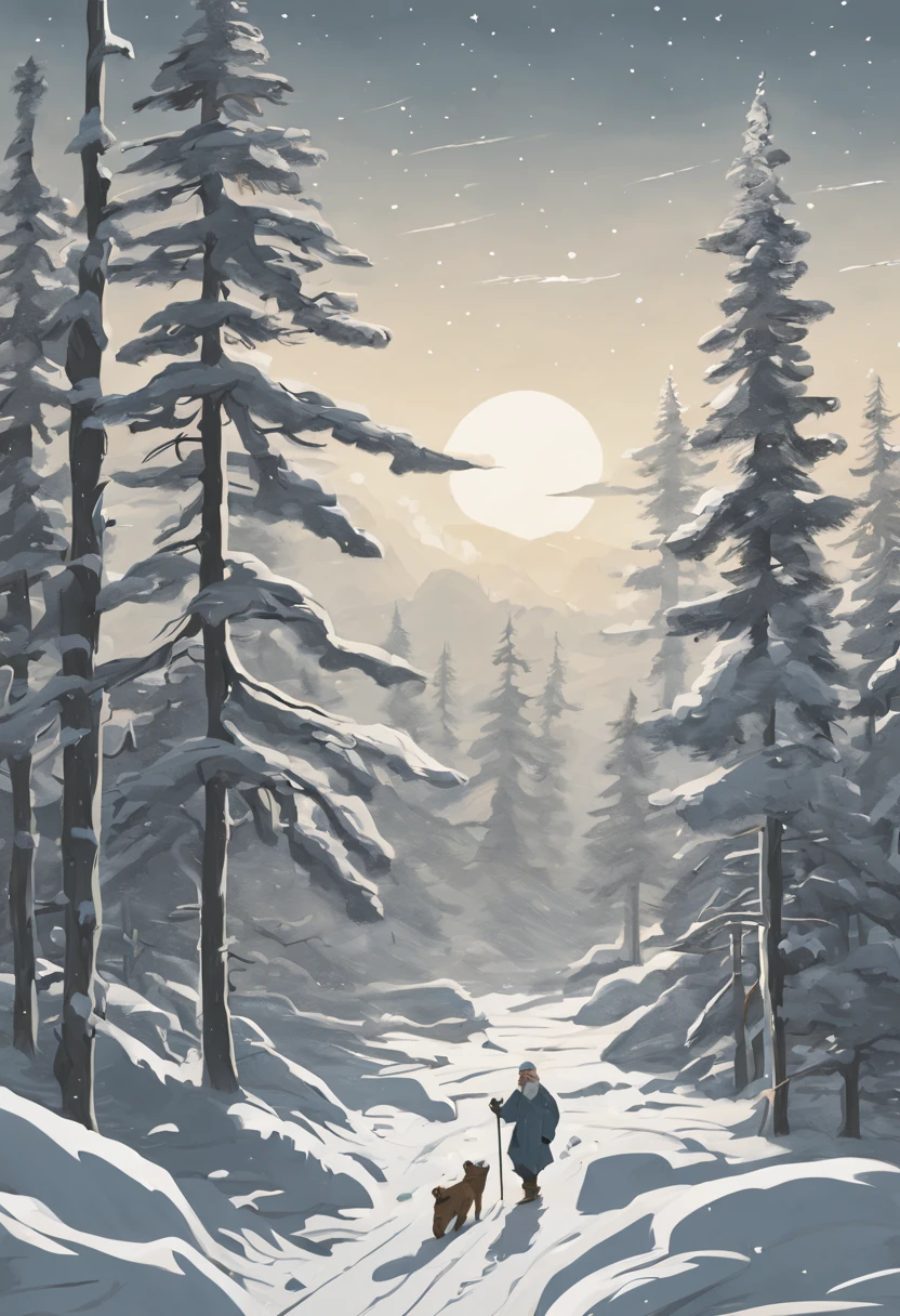 Drawing in the style of Soviet cartoons. Winter snowy forest with few trees. Spruce and pine trees are covered with snow, snow on branches and snowdrifts under trees. The large spruce in the left half of the picture comes out from behind the spruce a Grandfather with a long gray beard and a large silver staff in one hand., dressed in a silver long fur coat, New Year&#39;s bag behind my back. on the right, between grandfather and Santa Claus, a bear walks on its hind legs,  the bear has a large New Year&#39;s candy in one paw. to the right of the grandfather is a hare walking on his hind legs, small snowflakes fall from the sky.