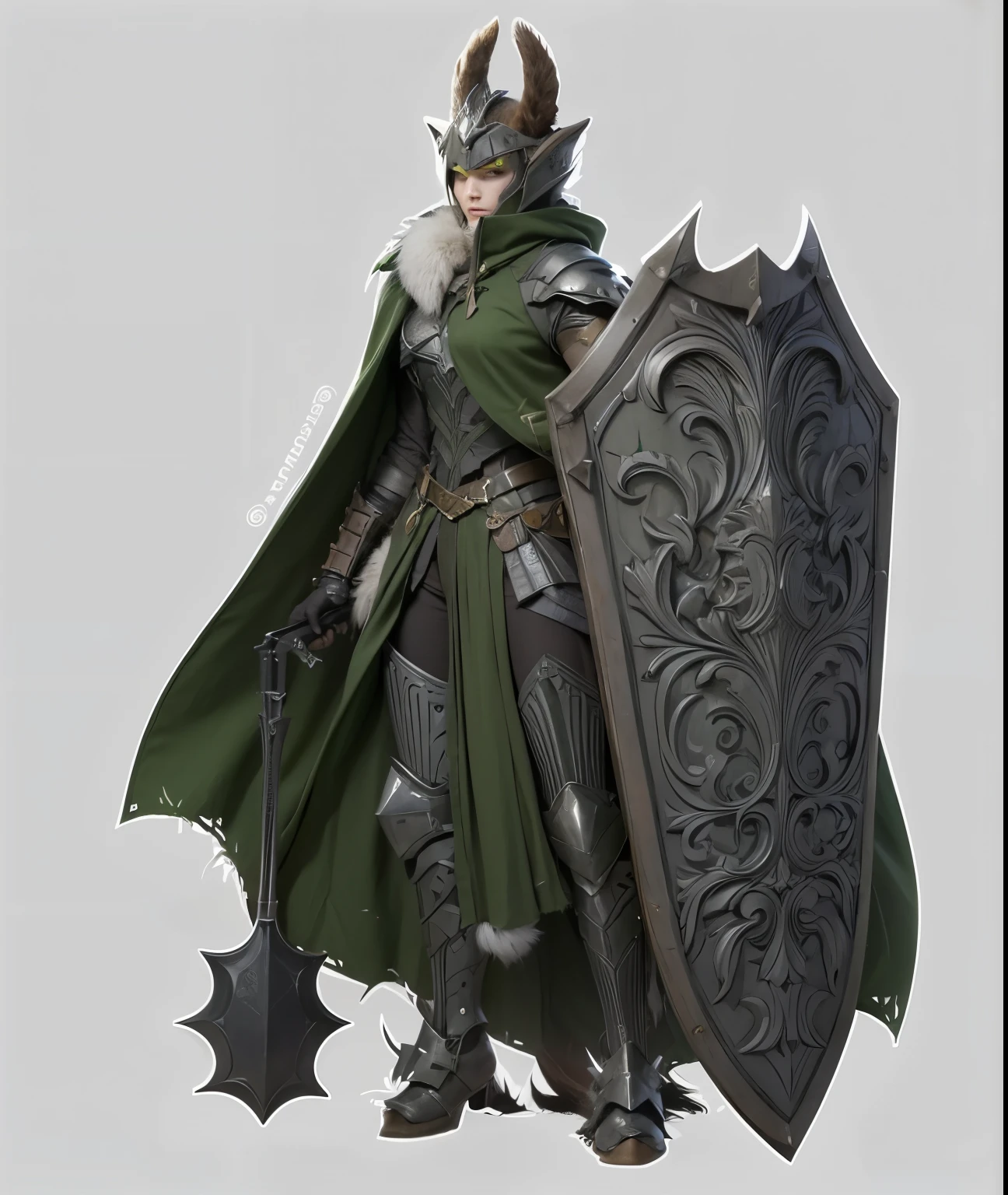 Armored, female, Satyr, flail, shield, fur shoulderpad, green cloak, spiked hooves.