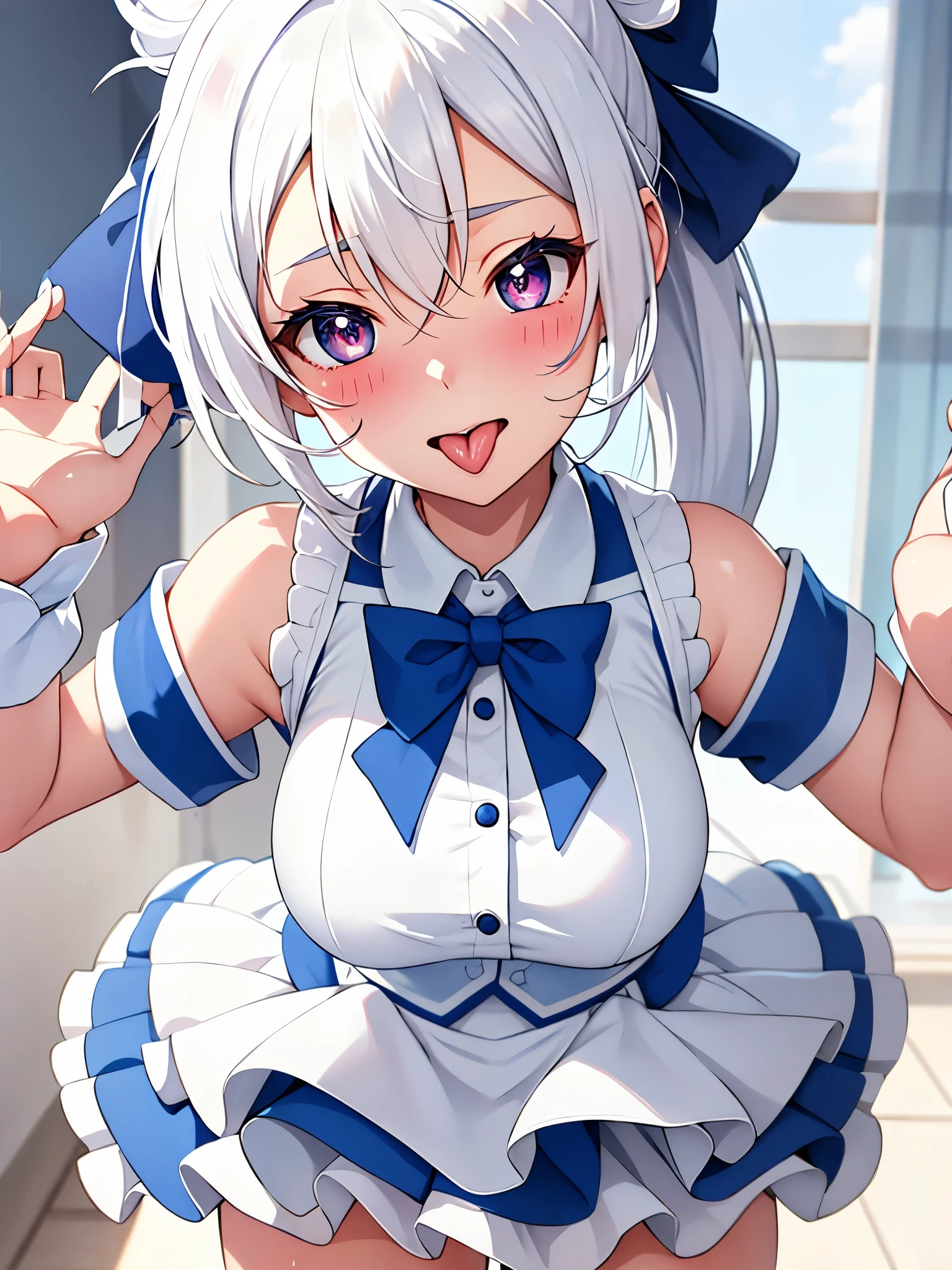 one person、、ergarteners、、、、Short Bob、Bangs、Headband、ribbon、Gray Hair、Magical girl、Blue and white theme、A heavy blue and white dress、race、Frills、Squatting with legs apart、is see-through、Thick white love juice、Drip a large amount of love juice、blush、A patient expression、See-through clothing、Masturbation、masturbation behavior、pick pussy、、(Huge breasts:1.2)、Massage the breasts、Sweat、orgasm、Climax、Cute patterned underwear、Low - Angle、Nipples show through the top of clothes、Underwear wedgie、Pull up your skirt、Puffy short sleeves、Cute Socks、incontinence、Urinating