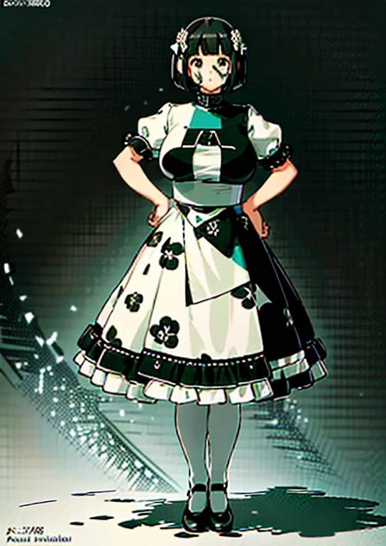 1 girl, ((masterpiece, side light, beautiful eyes: 1.2), super detailed, ultra high resolution, professional lighting, high quality make up, beautiful detailed eyes), (highest quality:0.8), perfect anime illustrinion, beautiful, flin color background, simple background, whole body , looking for_in_viewer, 一人in, (whole body:1.5), (black hair:1.2), dark brown eyes, (big breasts:1.2), 一人in,Wasachiri, Huasachina, sash, puffy dress, dress, Puffy short sleeves, pantyhose, black shoes, Floral, print dress, put your hand on your waist, handkerchief,tof, (asymmetric bob cut:1.1),(low length:1.1),(Chubby:1.2),(おinこ:1.2),(tits for days:1.2),(huge tits:1.2)
