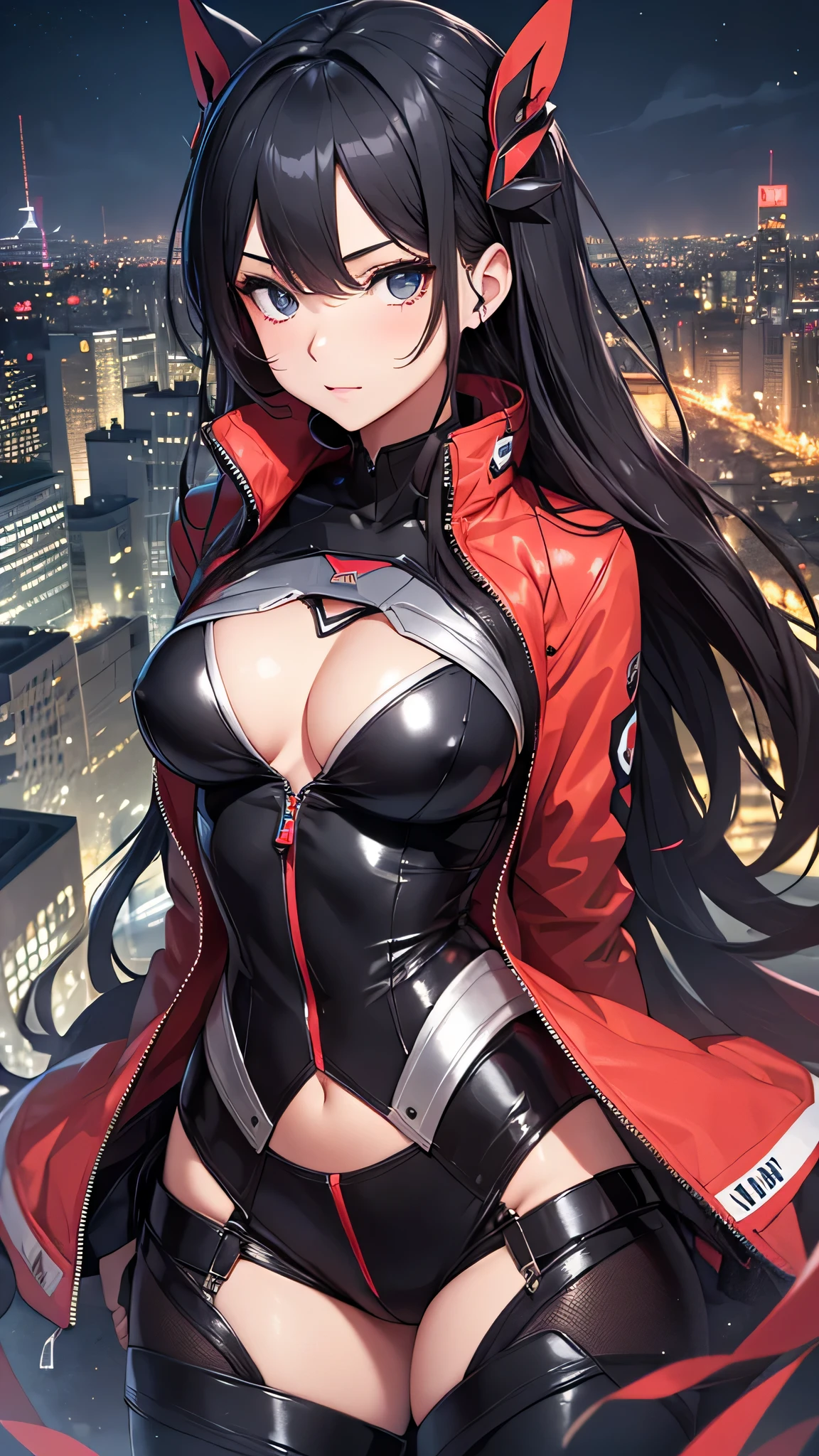 最high quality、best image quality、masterpiece、age girl((18-year-old、 By becoming、vest bust、medium bust,wide open breast tea、black eye, black hair、long hair、thin,highest valley、toned chest、white pilot suit、knee high boots、red jacket、Have a smartphone、Selfie Pose)),high quality、beautiful art、background((Building rooftop at night、heliport)),debris flies、Depth of written boundary、movie、visual art、perfect art、8K,genuine