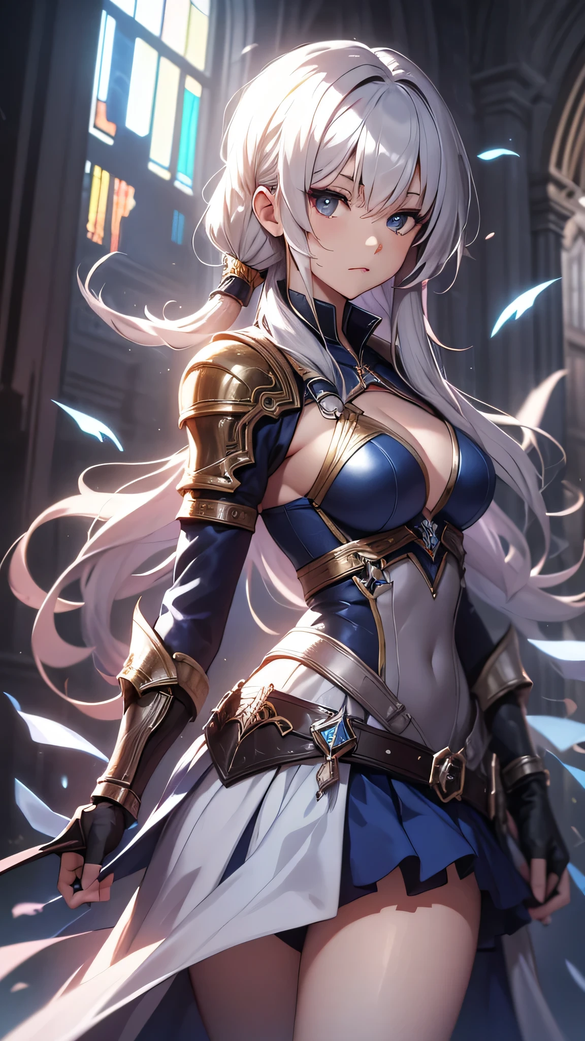 最high quality、best image quality、masterpiece、teenage girl((18-year-old、 By becoming、vest bust、medium bust,wide open breast tea、black eye, blonde、ponytail、thin,highest valley、toned chest、gold armour、silver armor short skirt、Holding a sword in his right hand、Equipped with a shield on the left hand)),high quality、beautiful art、background((church、light shines in)),debris flies、Depth of written boundary、movie、visual art、perfect art、8K,genuine