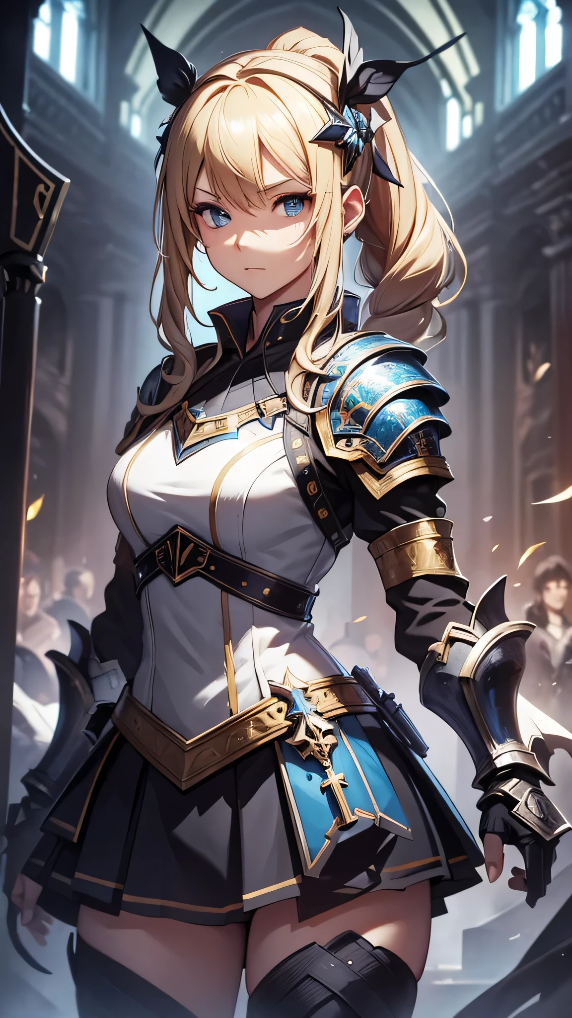 最high quality、best image quality、masterpiece、teenage girl((18-year-old、 By becoming、vest bust、medium bust,wide open breast tea、black eye, blonde、ponytail、thin,highest valley、toned chest、gold armour、silver armor short skirt、Holding a sword in his right hand、Equipped with a shield on the left hand)),high quality、beautiful art、background((church、light shines in)),debris flies、Depth of written boundary、movie、visual art、perfect art、8K,genuine