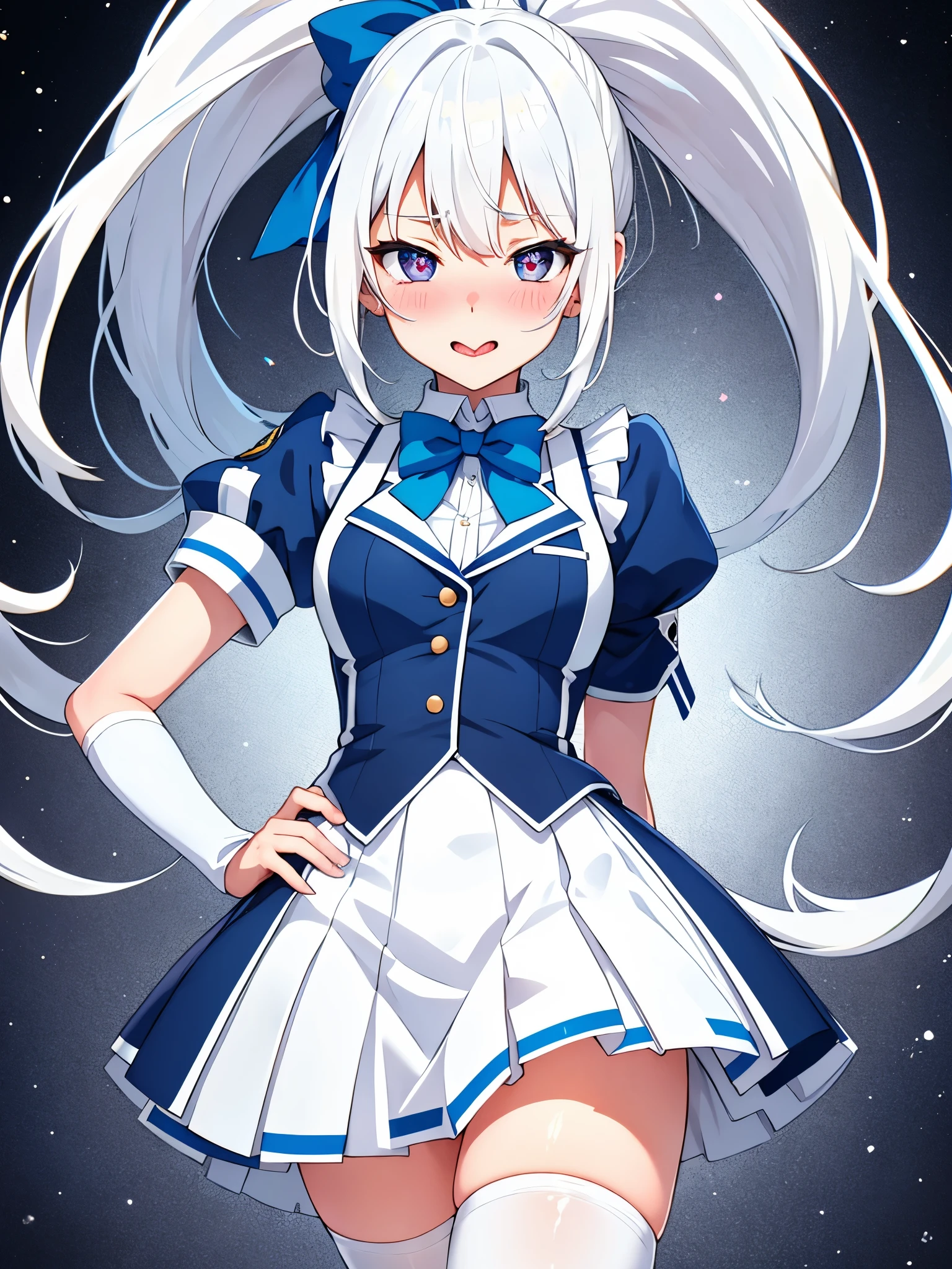 high school student, White school top, blue skirt, white stockings, Blue bow tie, standing, white hair, ponytail, heart-shaped pupils, blush, saliva, tongue, motion lines, anime style, textured skin, UHD, best quality