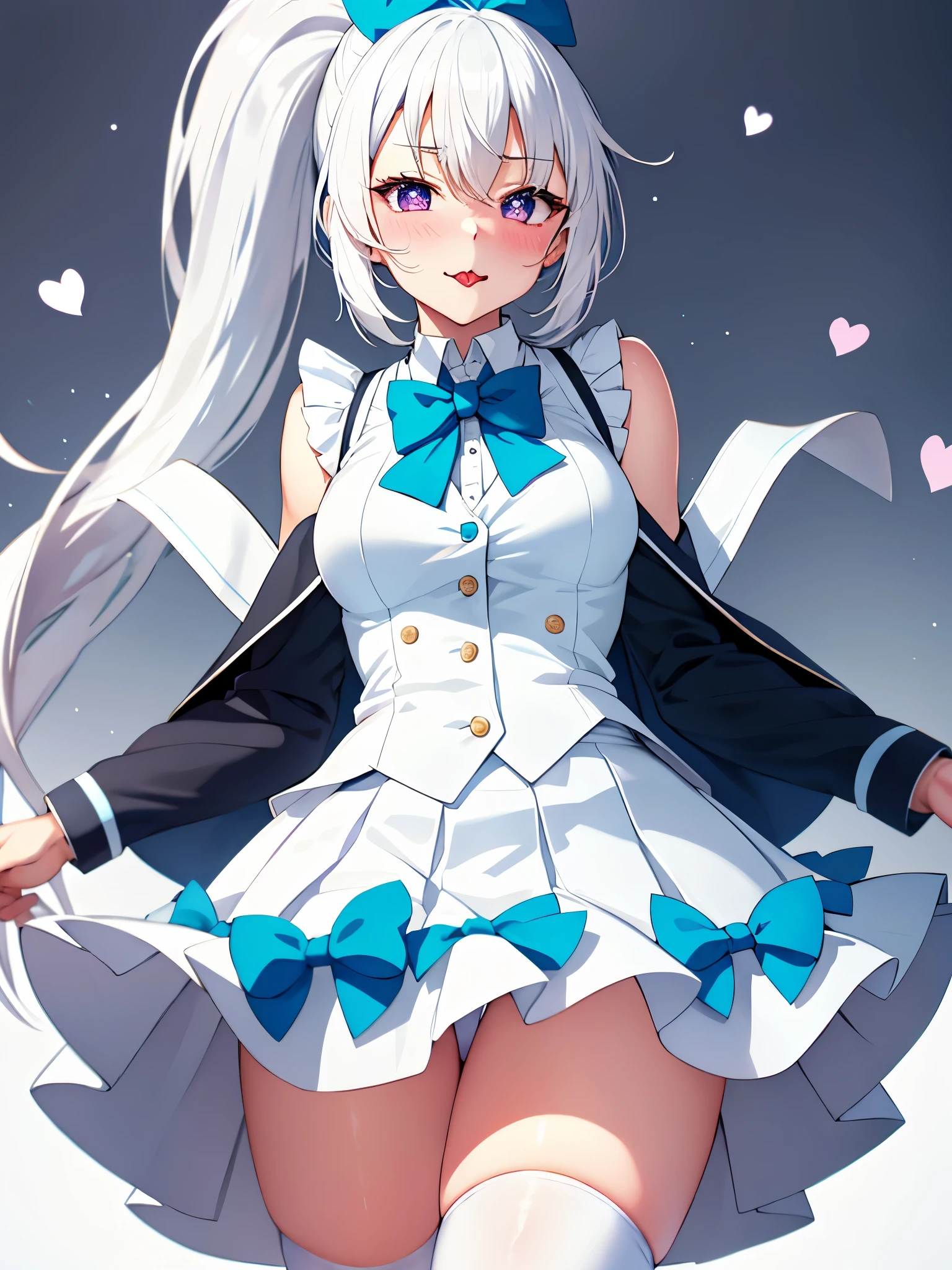 high school student, White school top, blue skirt, white stockings, Blue bow tie, standing, white hair, ponytail, heart-shaped pupils, blush, saliva, tongue, motion lines, anime style, textured skin, UHD, best quality