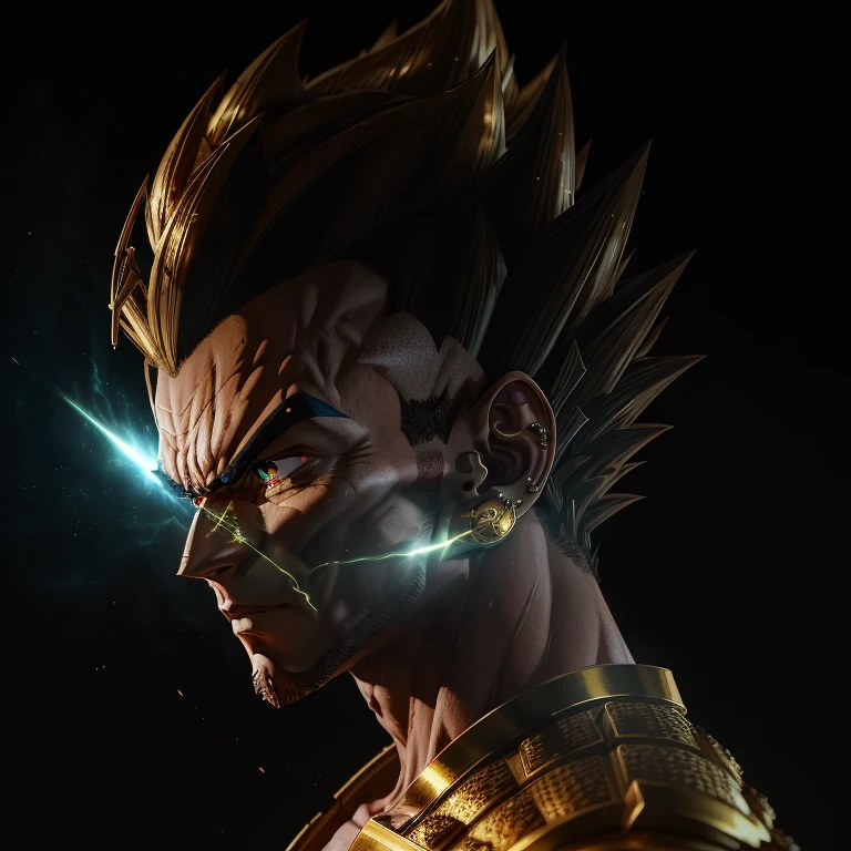 ((Mega detailed CG, 8k resolution))
Vegeta, standing tall with his powerful muscles bulging, is shown in the height of his Ultra Ego transformation. His Saiyan hair, usually slicked back in a tidy bun, is now wild and disheveled as it stands on end, radiating intense energy. His piercing green eyes are glowing with an otherworldly light, and his sharp, angular features are etched with deep furrows, reflecting the immense power coursing through his body.
His armor, once a conventional battle suit, has transformed into an intricately designed exoskeleton, covered in gold and metallic accents