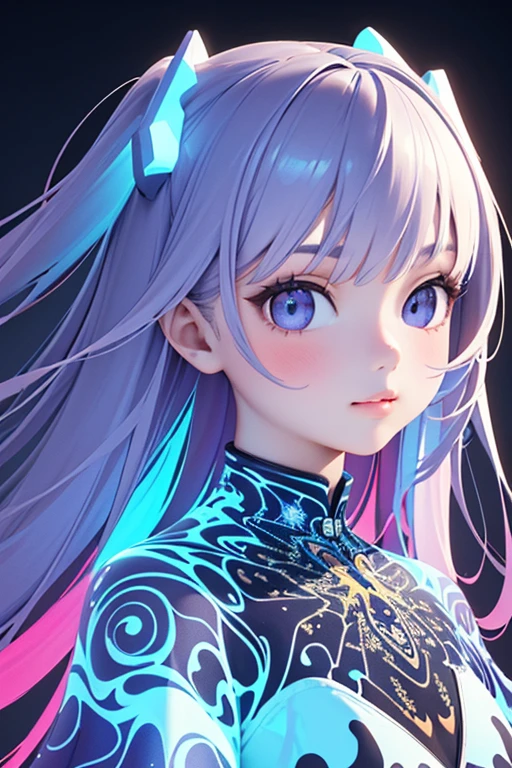 (masterpiece, best quality:1.2),(concept art、fractal art:1.5) ,(flat color:1.2),(3D:1.3),(fluorescence colour:1.5,colorful:1.2),looking at viewer,1girl,beautiful face,Gentle face,solo,upper body,floating colorful fluorescence,vivid color、Symmetrical