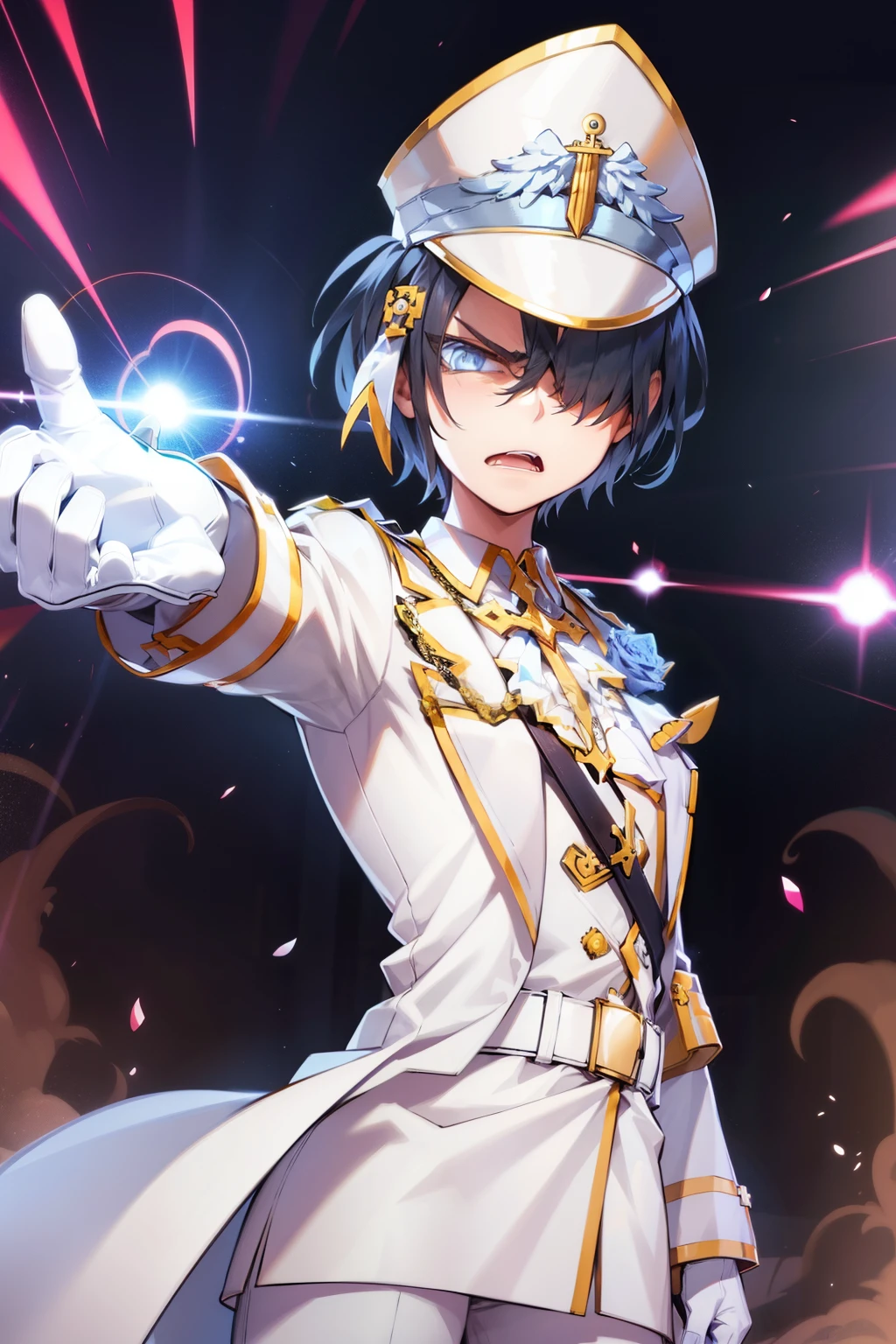 htarchangel, hair over one eye, military hat, military uniform, cross, flower, white gloves, white pants, stretching out his hand, angry expression, shouting, shooting a beam of light