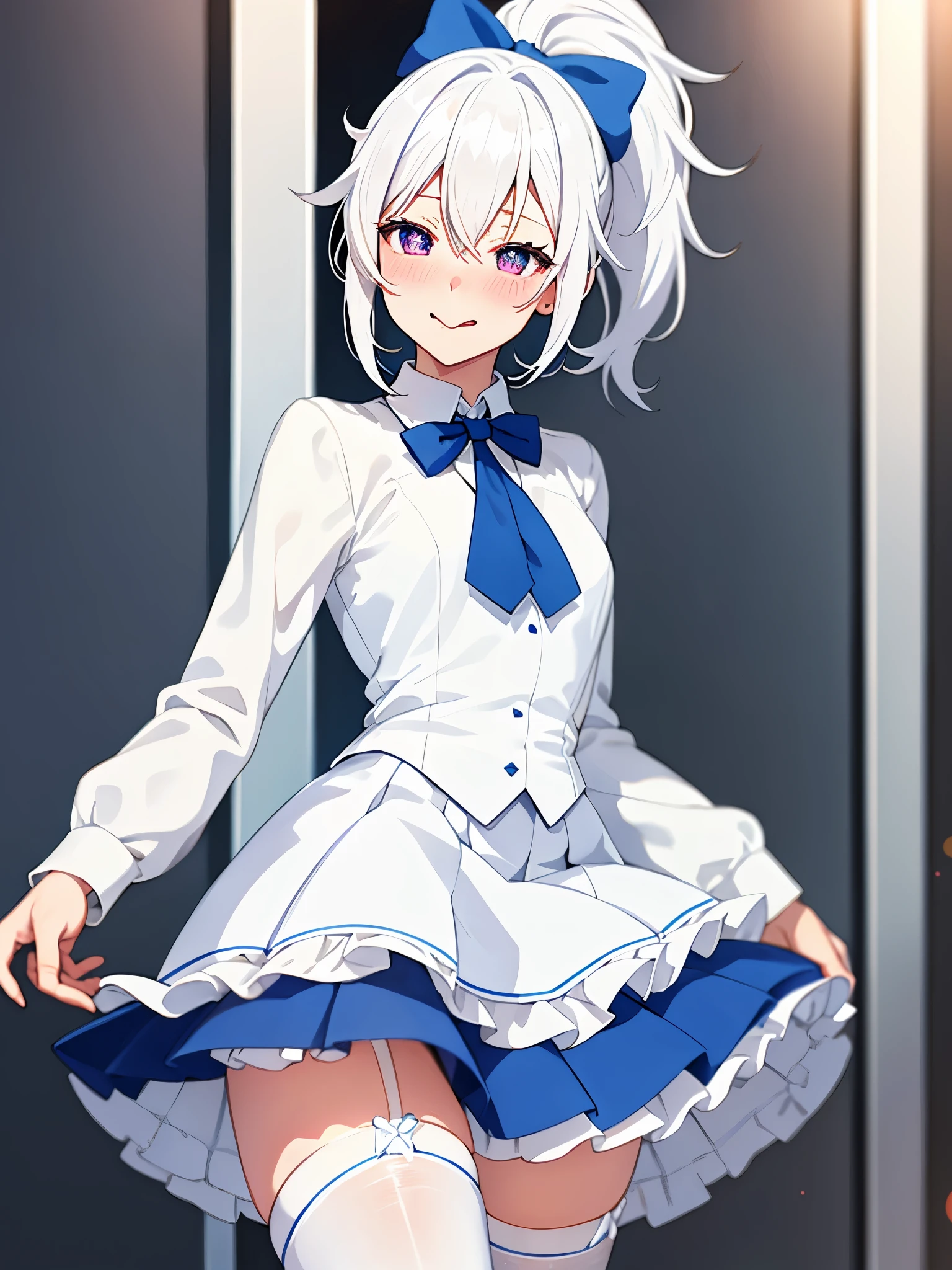 high school student, White school top, blue skirt, white stockings, Blue bow tie, standing, white hair, ponytail, heart-shaped pupils, blush, saliva, tongue, motion lines, anime style, textured skin, UHD, best quality
