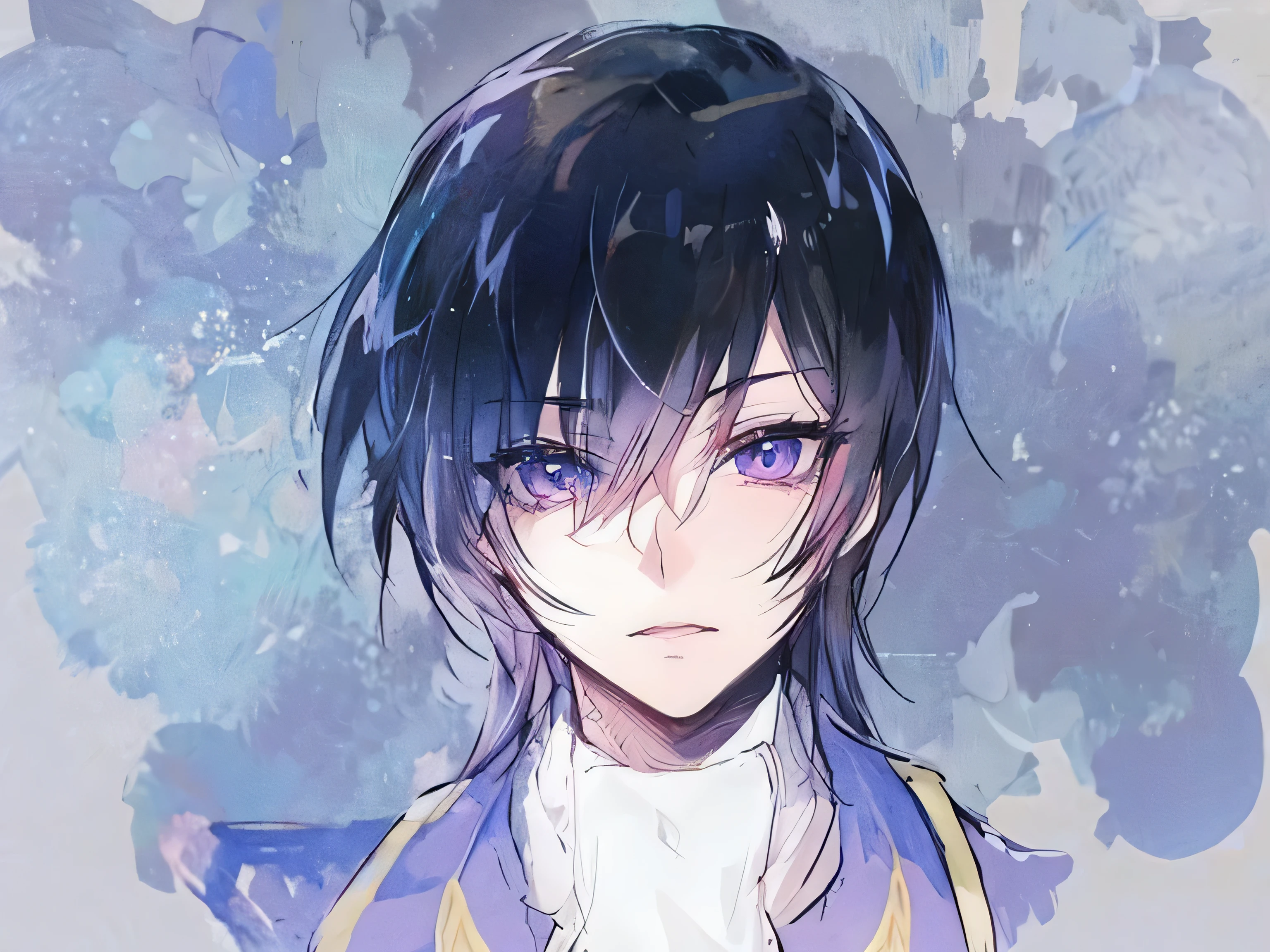 anime boy, long eyelashes, lelouch, masterpiece, unsharp, boy, 8k resolution, lelouch vi Britannia, hair down, black hair, detailed eyes, detailed hair, attractive slim hand, short anime hair, intricate facial expression, sharp jawline, attractive, upscale, black and yellow outfit, hand covering half face, lelouch vi Britannia, attractive, hand in black glove