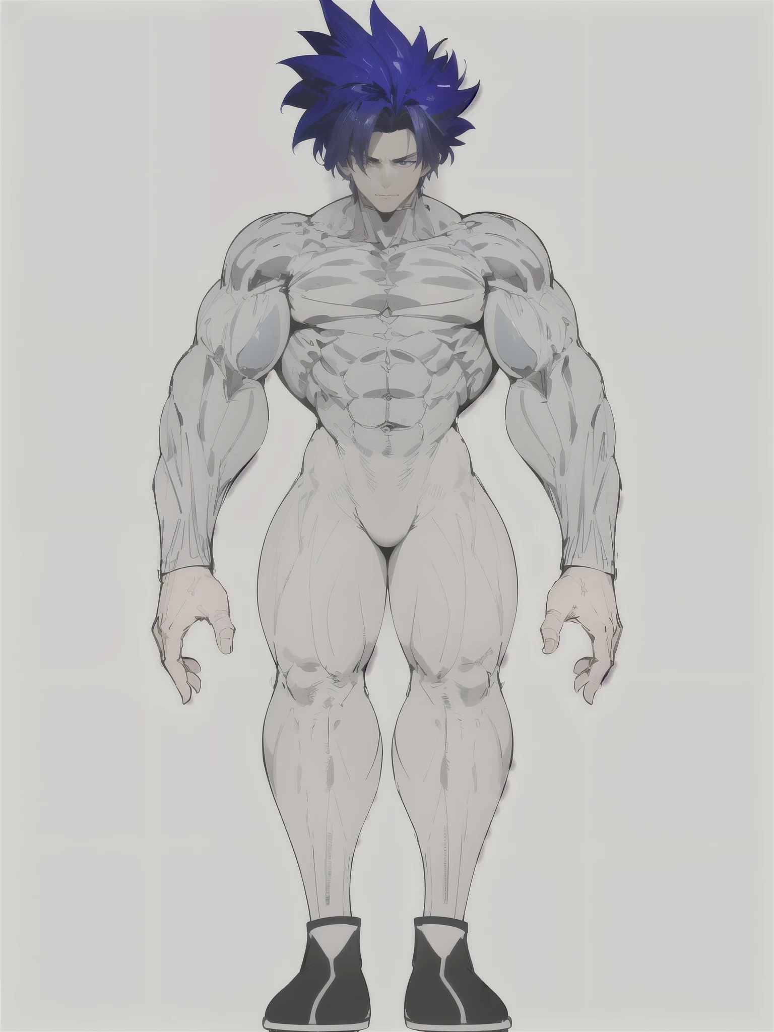 ((best quality, masterpiece, highres)),1man, very muscular, very defined mucles, blue hair, blue eyes, pretty tall, wearing a tight gray shirt and a tight white pants, black and white boots, serious facial expressions, thick muscular neck