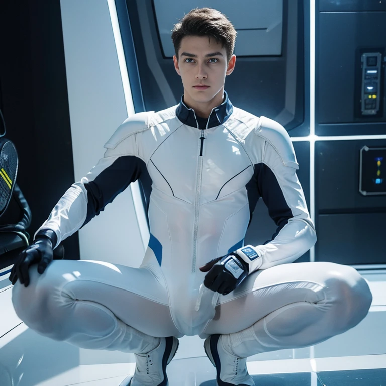 sexy body suit, white and blue suit, transpaent futuristic suit, white gaunlets, skin tight bodysuit, toned male, teenager, young male, futuristic face mask, bodysuit, futuristic, sci fi, toned male, hands visiblr, hair visible , 16k resolution , ultra-high clarity , hyperrealism, uhd , nsfw , handsome , eoticism , full body seen , foot , half undress , see through suit , sexy , r18