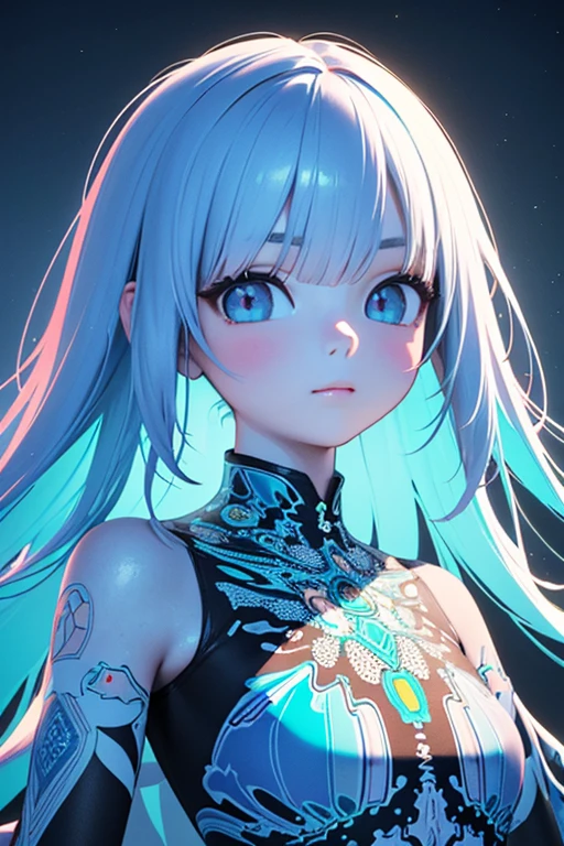 (masterpiece, best quality:1.2),(concept art、fractal art:1.5) ,(flat color:1.2),(3D:1.3),(fluorescence colour:1.5,colorful:1.2),looking at viewer,1girl,beautiful face,Gentle face,solo,upper body,floating colorful fluorescence,vivid color、Symmetrical
