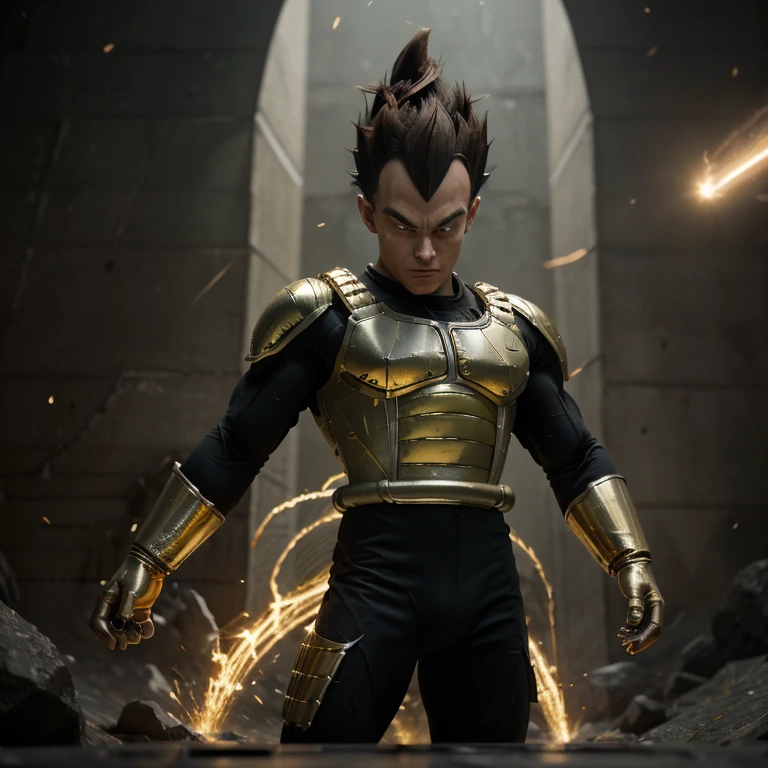 ((Mega detailed CG, 8k resolution))
Vegeta, standing tall with his powerful muscles bulging, is shown in the height of his Ultra Ego transformation. His Saiyan hair, usually slicked back in a tidy bun, is now wild and disheveled as it stands on end, radiating intense energy. His piercing green eyes are glowing with an otherworldly light, and his sharp, angular features are etched with deep furrows, reflecting the immense power coursing through his body.
His armor, once a conventional battle suit, has transformed into an intricately designed exoskeleton, covered in gold and metallic accents