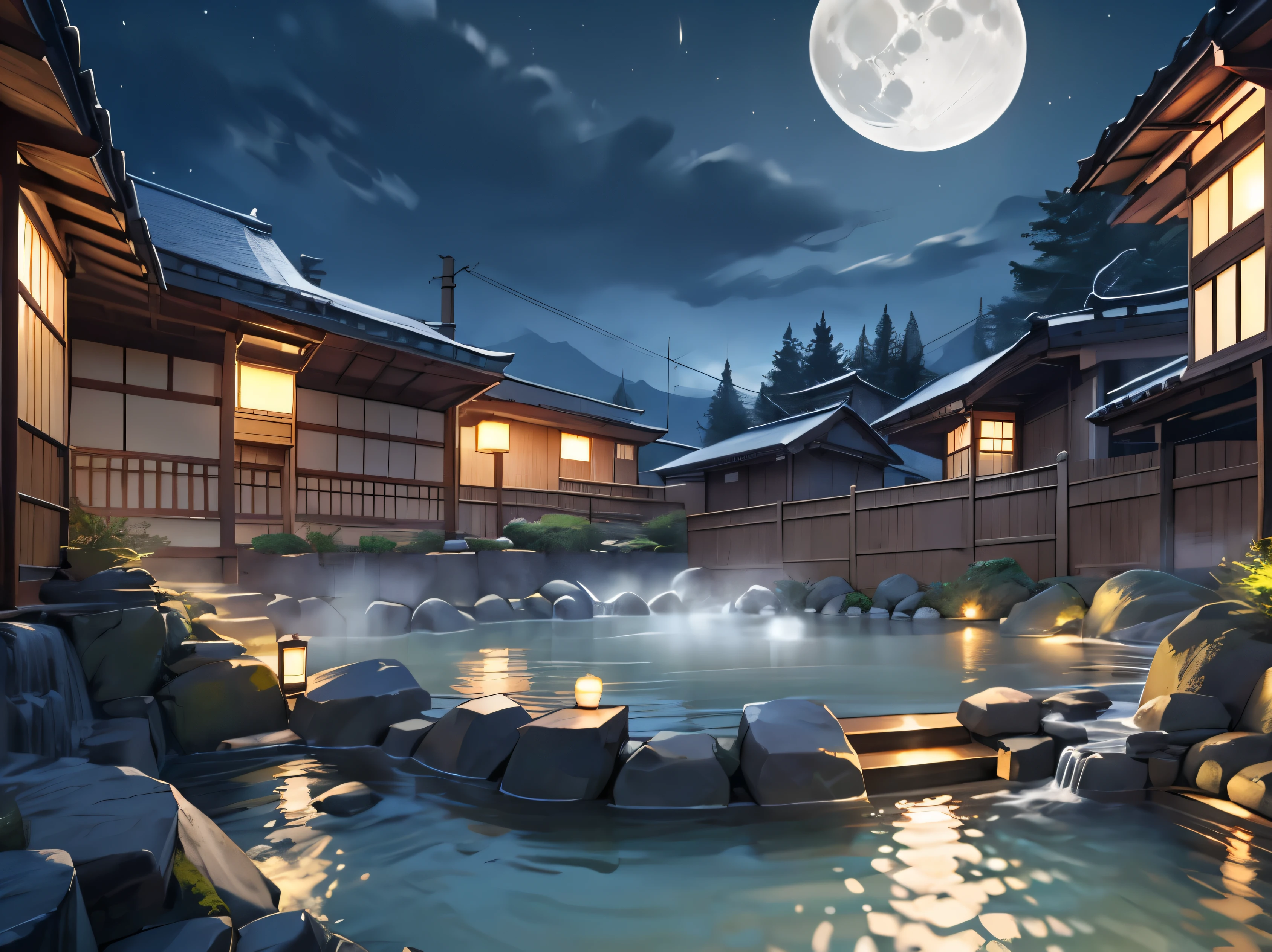 Large open-air bath,There is a washing area..,hot onsen,Large public bath at a hot spring ryokan,steam,There are 3 chairs for the public bath.,natta, night, moon, Angle from the front