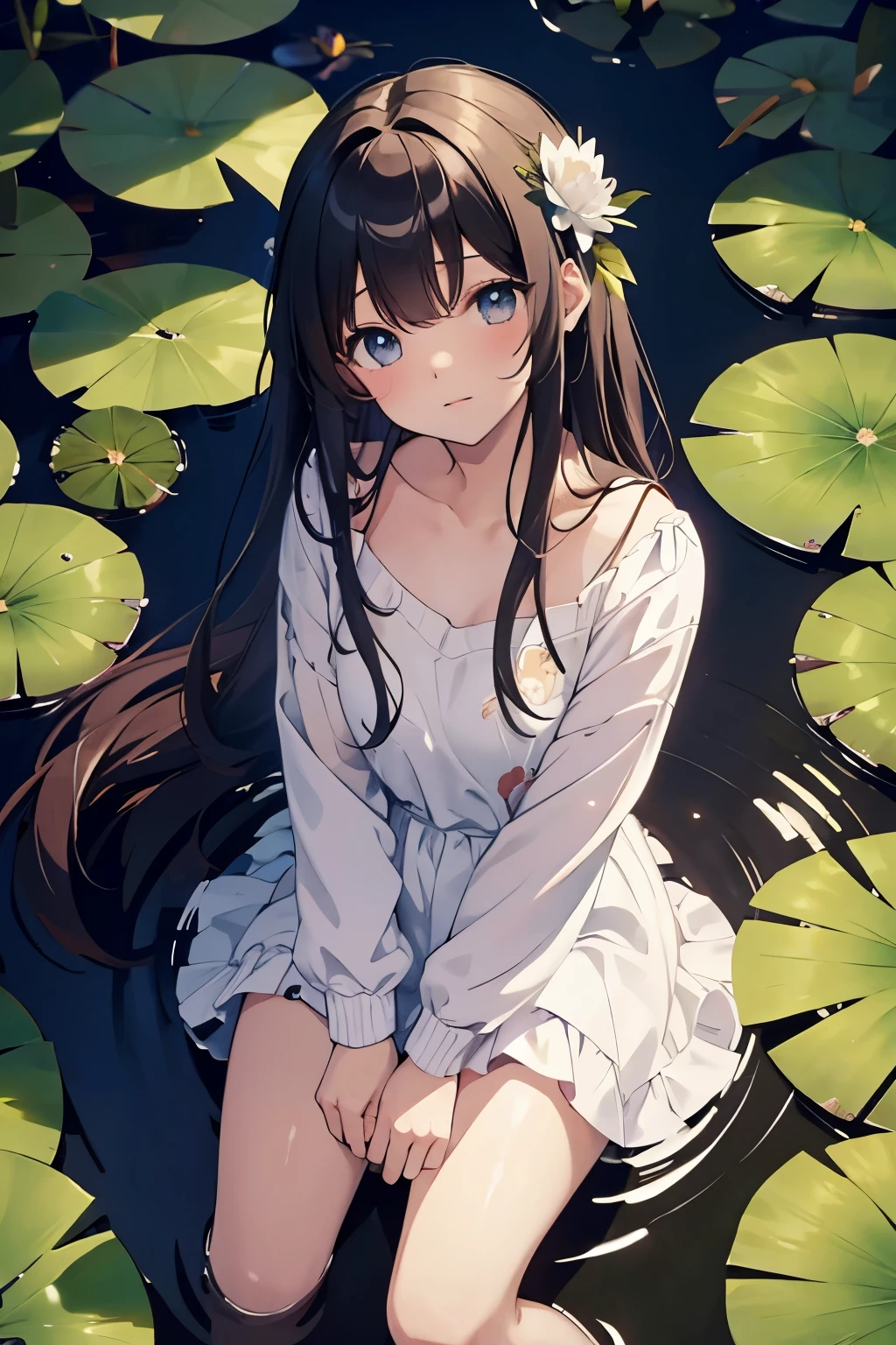 There is a girl sitting on a leaf, (white clothes), fresh color scheme, there is a plush toy, Guvez style artwork, popular on cgstation, illustrated by Li Song, soft anime, lying on a water lily mat, sitting on a lotus flower, cute and meticulous digital art, cute art style, in the pond, Yang J, cute digital art, Guvitz, sitting by the pond