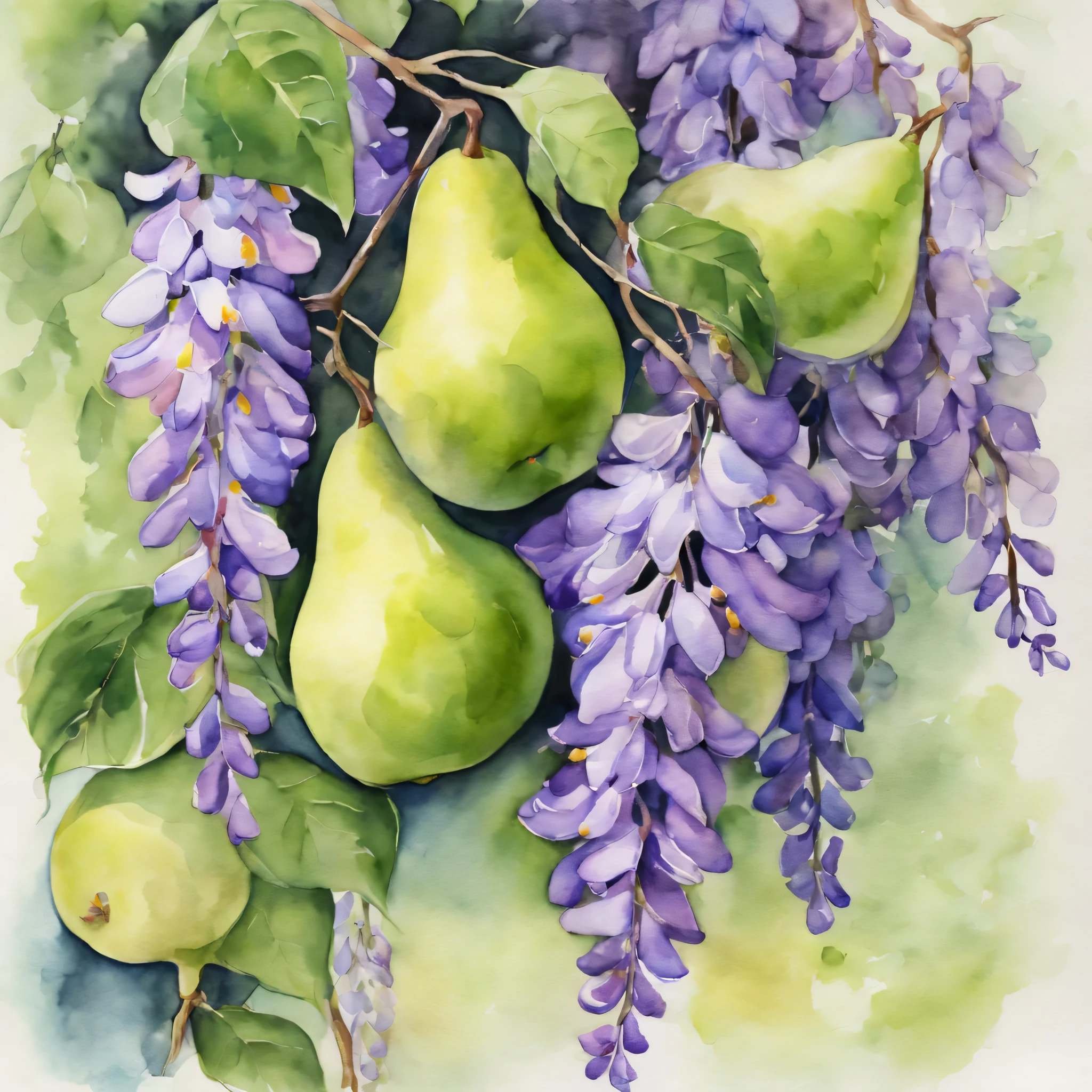 Watercolor Art, Watercolor painting, watercolor flowers and fruits, blooming wisteria and green pears, high detail, The work of the wizard