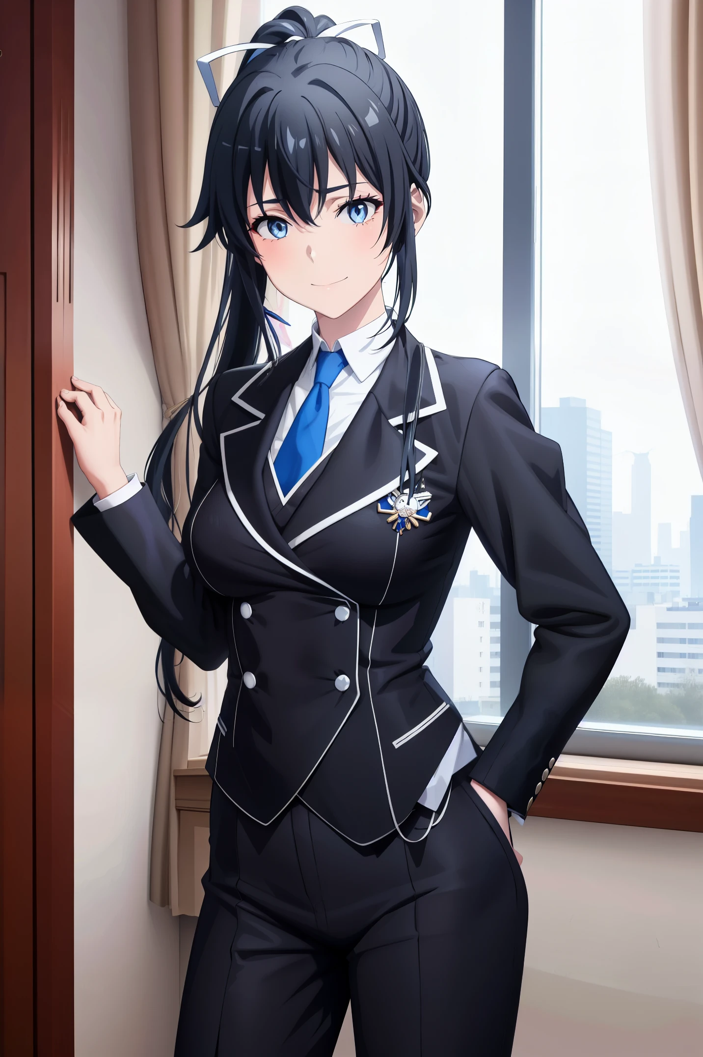 ((best quality)), ((masterpiece)), (detailed) 1girl 1girl, ;\), blurry, blurry_background, breasts, , hair_ponytail ribbon, looking_at_viewer, ok_sign, one_eye_closed, open_hand, Yukinoshita Yukino ,Woman wearing formal clothes, An attractive coat stands in a large gap in the room , 1girl, 独奏, blue necktie, Black hair, eyes blue, long hair, smile , collared shirt, white pants, white shirt , Elegantly designed coat , Stand in front of a window ,Perfectly tailored tailcoat. It has a stunning Victorian design and is made of lustrous fabric