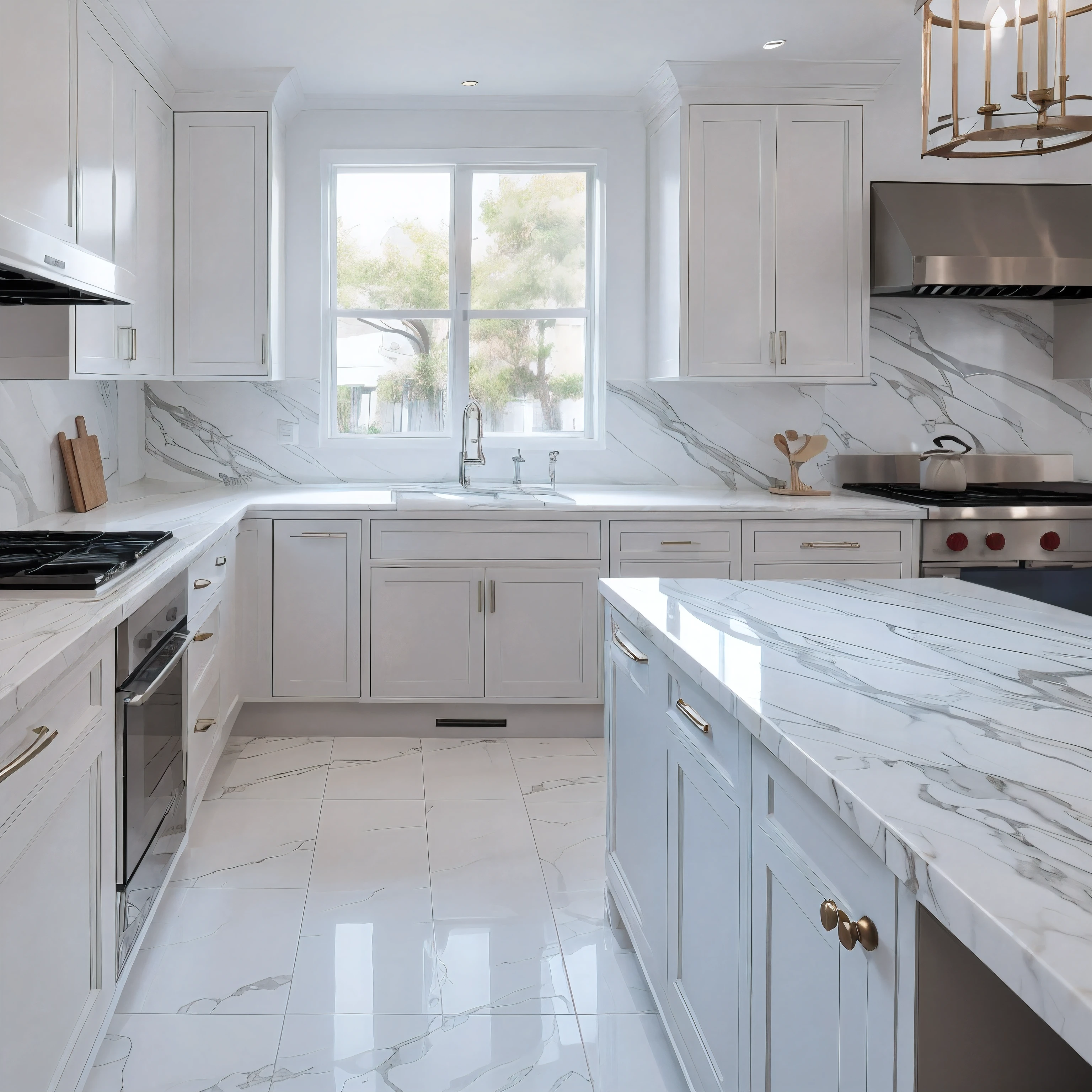 Cuisine design blanche, marbre, Chambre lumineuse