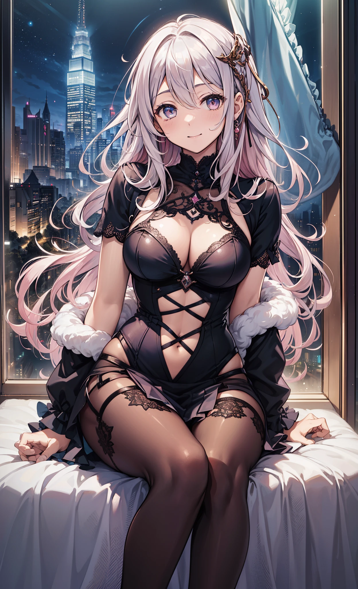 top quality、Top image quality、masterpiece、girl ((、medium bust、obsessed、tempting pose、Breasts wide open,long pink hair、charming figure、Grand canyon、Silver transparent dragon skirt mixed with modern sexy clothing、ideal girlfriend for love))high quality、beautiful art、background with((luxury hotel bedroom、Starry city night view outside the window)))、visual art、depth of field、Diamonds adorn clothes、Full body female love、Emphasize the posture of the hips、lace、Transparent skirt、on or beside the bed、Pink delicate and beautiful little eyes