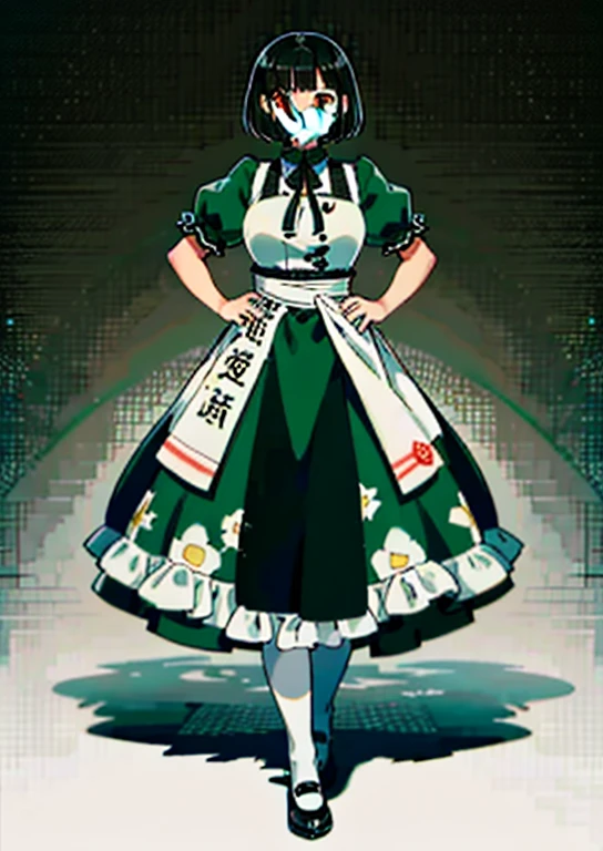 1 girl, ((masterpiece, side light, beautiful eyes: 1.2), super detailed, ultra high resolution, professional lighting, high quality make up, beautiful detailed eyes), (highest quality:0.8), perfect anime illustrinion, beautiful, flin color background, simple background, whole body , looking for_in_viewer, 一人in, (whole body:1.5), (black hair:1.2), dark brown eyes, (big breasts:1.2), 一人in,Wasachiri, Huasachina, sash, puffy dress, dress, Puffy short sleeves, pantyhose, black shoes, Floral, print dress, put your hand on your waist, handkerchief,tof, (asymmetric bob cut:1.1),(low length:1.1),(Chubby:1.2),(おinこ:1.2),(tits for days:1.2),(huge tits:1.2),(Short leg)