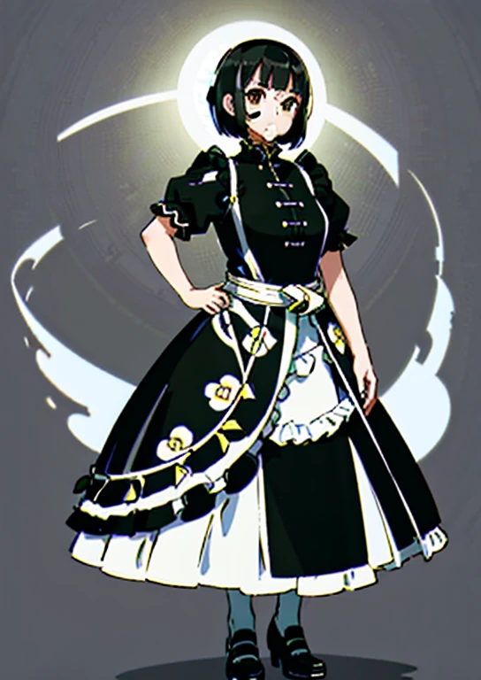 1 girl, ((masterpiece, side light, beautiful eyes: 1.2), super detailed, ultra high resolution, professional lighting, high quality make up, beautiful detailed eyes), (highest quality:0.8), perfect anime illustrinion,  beautiful, flin color background, simple background, whole body ,  looking for_in_viewer, 一人in, (whole body:1.5), (black hair:1.2), dark brown eyes, (big breasts:1.2), 一人in,Wasachiri, Huasachina,  sash, puffy dress, dress, Puffy short sleeves, pantyhose, black shoes, Floral, print dress, put your hand on your waist, handkerchief,tof, (asymmetric bob cut:1.1),(low length:1.1),(Chubby:1.2),(おinこ:1.2),(tits for days:1.2),(huge tits:1.2),(Short leg)