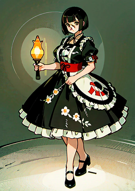 1 girl, ((masterpiece, side light, beautiful eyes: 1.2), super detailed, ultra high resolution, professional lighting, high quality make up, beautiful detailed eyes), (highest quality:0.8), perfect anime illustrinion, beautiful, flin color background, simple background, whole body , looking for_in_viewer, 一人in, (whole body:1.5), (black hair:1.2), dark brown eyes, (big breasts:1.2), 一人in,Wasachiri, Huasachina, sash, puffy dress, dress, Puffy short sleeves, pantyhose, black shoes, Floral, print dress, put your hand on your waist, handkerchief,tof, (asymmetric bob cut:1.1),(low length:1.1),(Chubby:1.2),(おinこ:1.2),(tits for days:1.2),(huge tits:1.2),(Short leg)