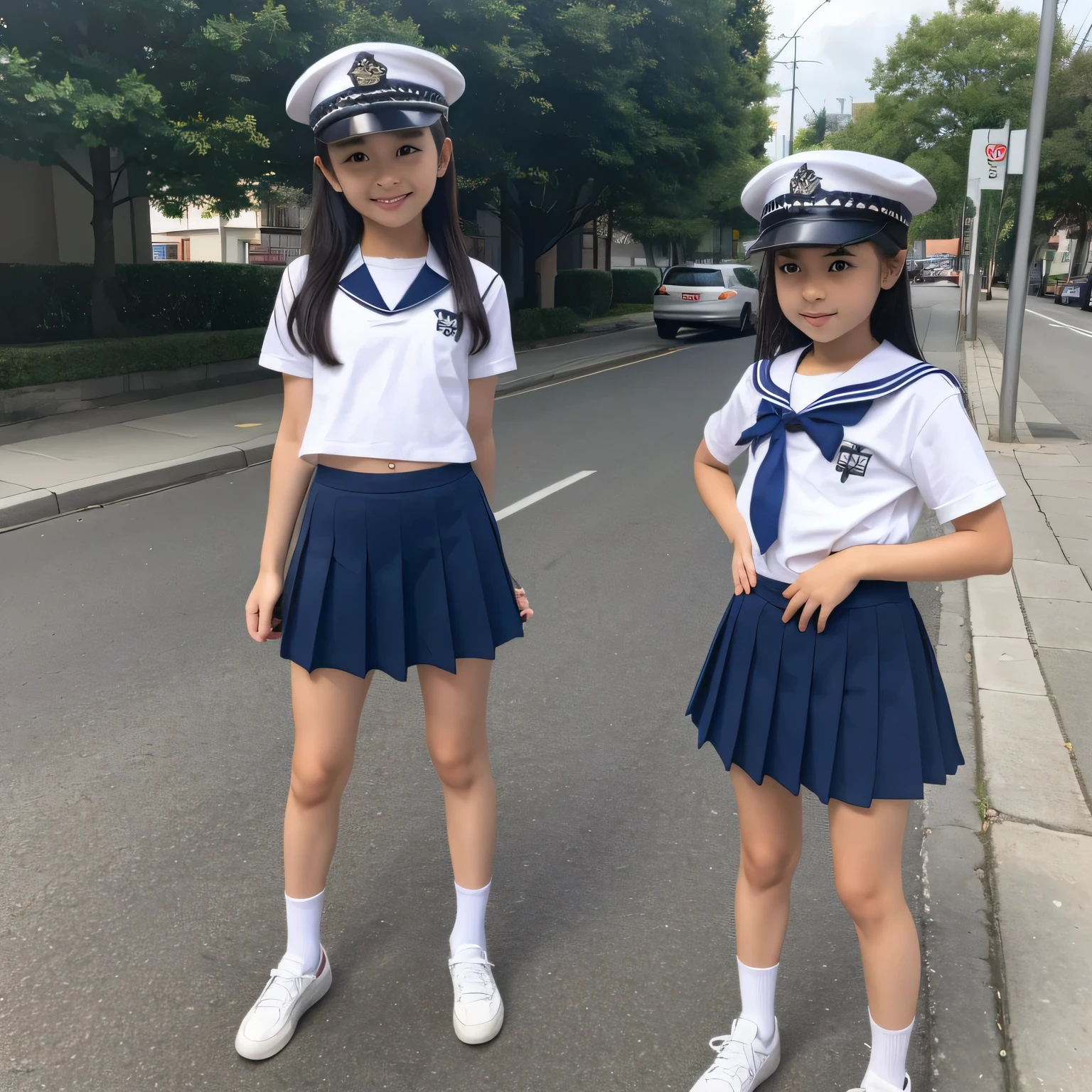 beautiful illustrations、highest quality、ultra high resolution、Professional specifications、(((Only one ))、light blue school sailor uniform、very short skirt、((Police Officer Cap))、short sleeve、&#39;face、(on all fours: 1.3)、Crouch start、adult man behind