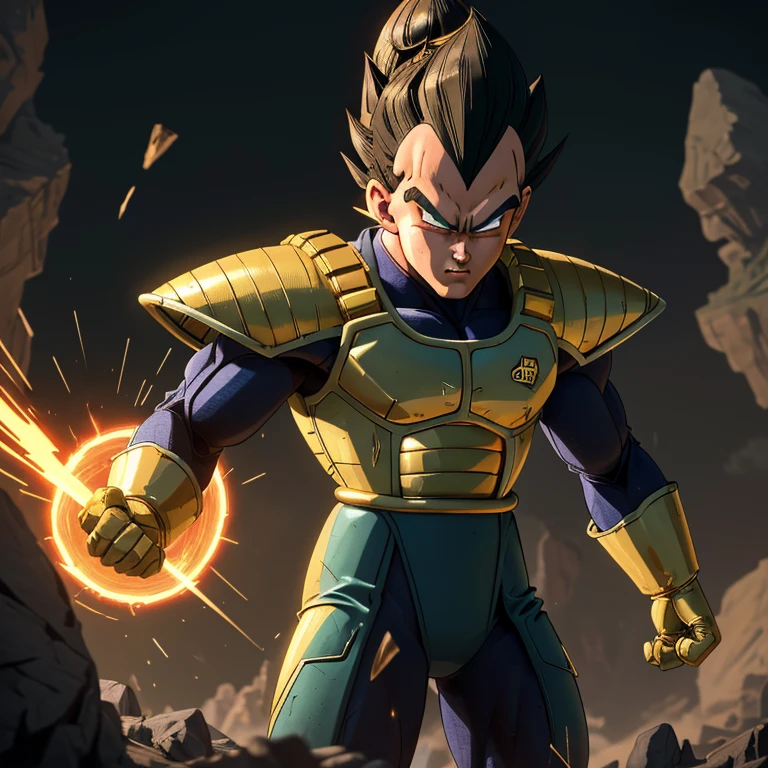 ((Mega detailed CG, 8k resolution))

Vegeta, standing tall with his powerful muscles bulging, is shown in the height of his Ultra Ego transformation. His Saiyan hair, usually slicked back in a tidy bun, is now wild and disheveled as it stands on end, radiating intense energy. His piercing green eyes are glowing with an otherworldly light, and his sharp, angular features are etched with deep furrows, reflecting the immense power coursing through his body.

His armor, once a conventional battle suit, has transformed into an intricately designed exoskeleton, covered in gold and metallic accents