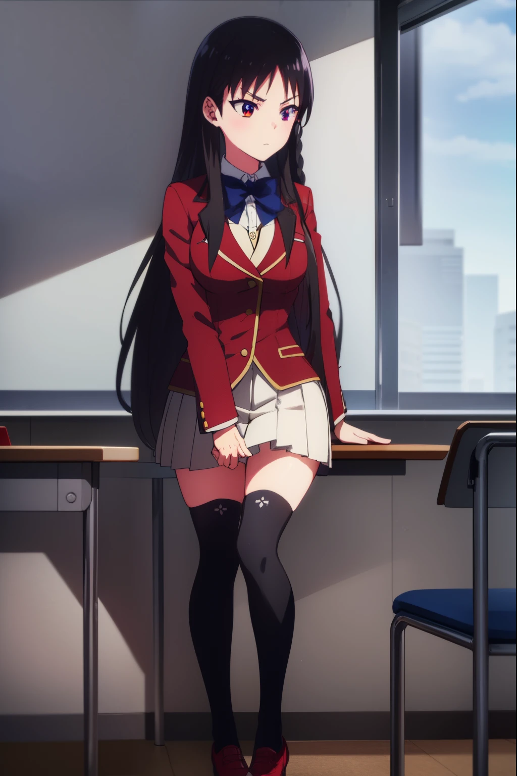 suzunehorikita, suzune horikita, black hair, braid, long hair, (purple eyes:1.1),
BREAK advanced nurturing high school uniform, black thighhighs, blazer, bow, bowtie, buttons, jacket, long sleeves, pleated skirt, school uniform, thighhighs, white skirt, zettai ryouiki, (red blazer:1.5),
BREAK looking at viewer, full body,
BREAK indoors, classroom,
BREAK (masterpiece:1.2), best quality, high resolution, unity 8k wallpaper, (illustration:0.8), (beautiful detailed eyes:1.6), extremely detailed face, perfect lighting, extremely detailed CG, (perfect hands, perfect anatomy),