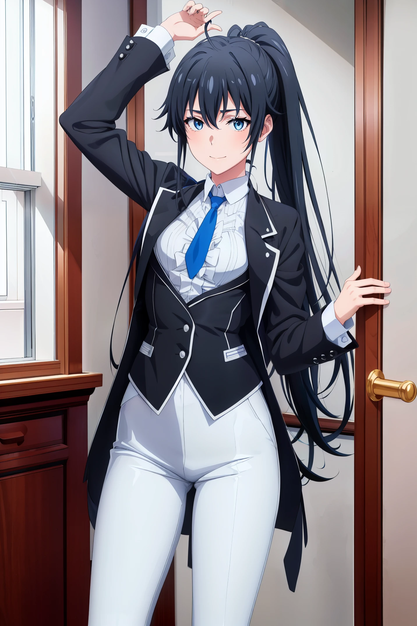 ((best quality)), ((masterpiece)), (detailed) 1girl 1girl, ;\), blurry, blurry_background, breasts, , hair_ponytail ribbon, looking_at_viewer, ok_sign, one_eye_closed, open_hand, Yukinoshita Yukino ,Woman wearing formal clothes, An attractive coat stands in a large gap in the room , 1girl, 独奏, blue necktie, Black hair, eyes blue, long hair, smile , collared shirt, white pants, white shirt , Elegantly designed coat , Stand in front of a window ,Perfectly tailored tailcoat. It has a stunning Victorian design and is made of lustrous fabric