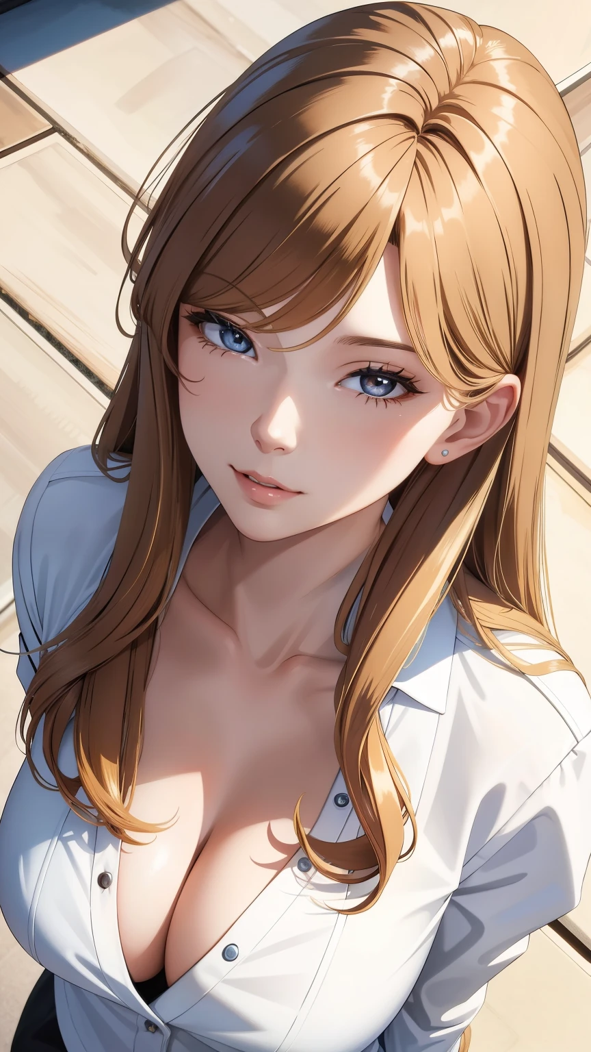 (best quality, highres), cool adult woman, elegant, long hair, swept-side bang, [[brown hair]], blonde hair, white shirt, cleavage, brown eyes, inside house, detailed facial features, confident pose, vibrant colors, (from above:1.3), close-up face