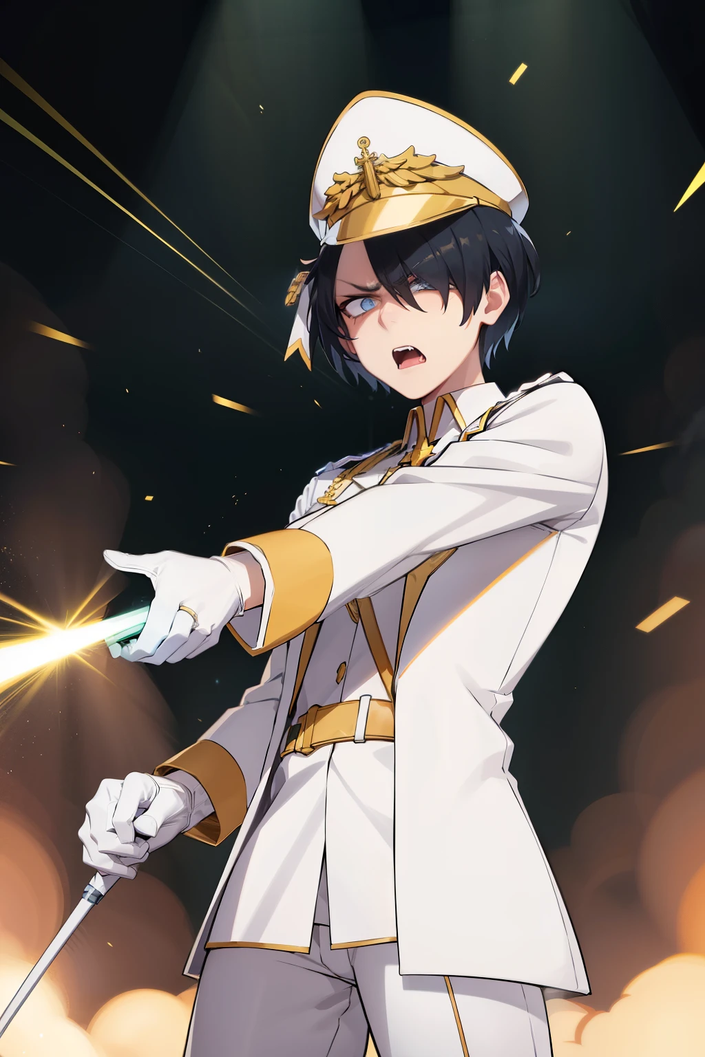 htarchangel, hair over one eye, military hat, military uniform, cross, flower, white gloves, white pants, stretching out his hand, angry expression, shouting, shooting a beam of light, epic light effect, epic atmosphere