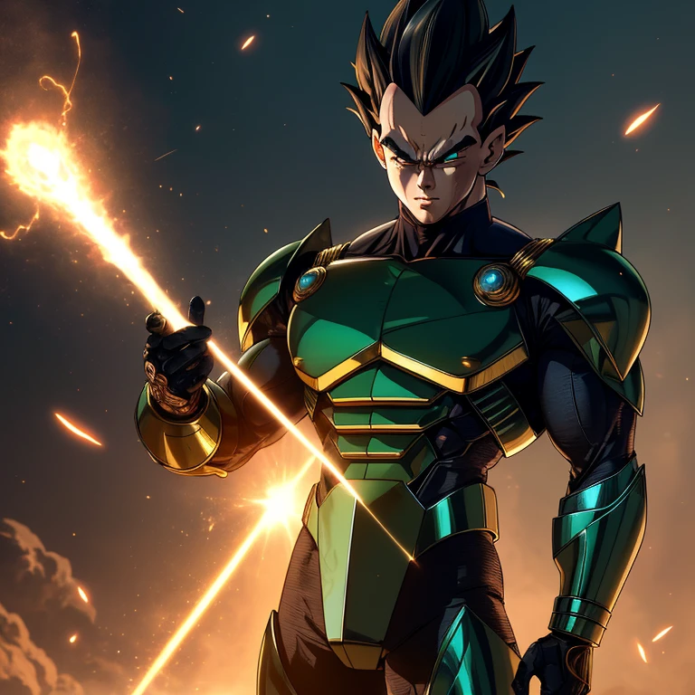 ((Mega detailed CG, 8k resolution))

Vegeta, standing tall with his powerful muscles bulging, is shown in the height of his Ultra Ego transformation. His Saiyan hair, usually slicked back in a tidy bun, is now wild and disheveled as it stands on end, radiating intense energy. His piercing green eyes are glowing with an otherworldly light, and his sharp, angular features are etched with deep furrows, reflecting the immense power coursing through his body.

His armor, once a conventional battle suit, has transformed into an intricately designed exoskeleton, covered in gold and metallic accents