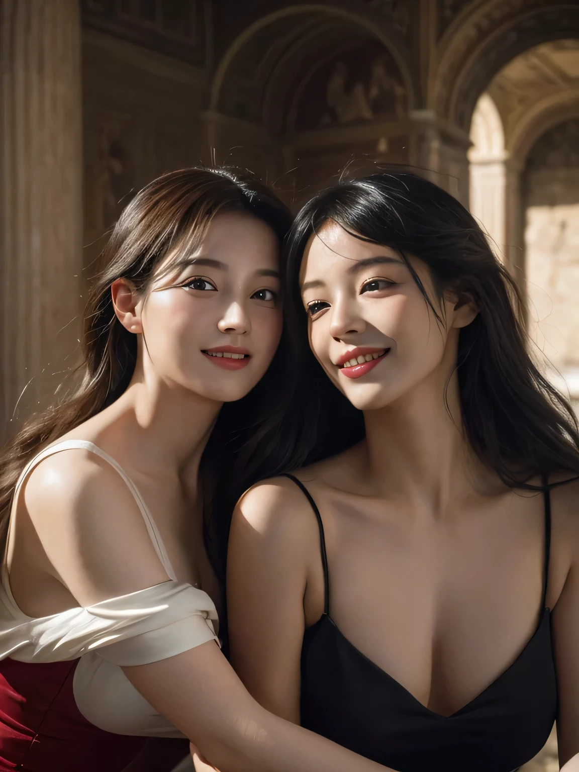 Ancient Roman scenery in the style of Nicolas Poussin,A smile,,Sweet and seductive appearance.、Caravaggio's paintings、Chiaroscuro of Caravaggio、Hair disheveled in the wind,Two women frolicking,Cute smile, Expression of ecstasy,A sexy,erotic