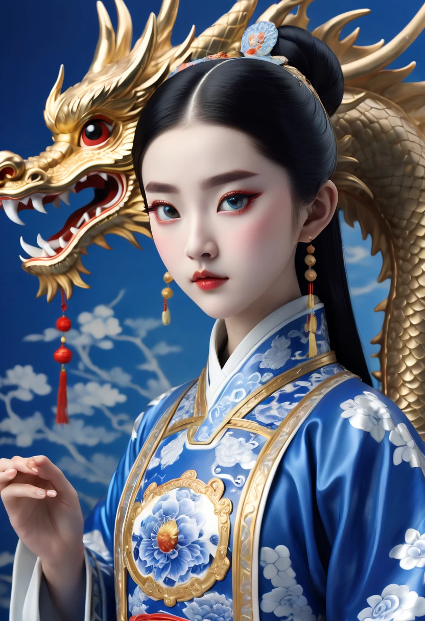 close up,In front of Blue and white porcelain dragon stands a Chinese girl,16 years old,Chinese Peking Opera,Hua Dan,Tin foil gold,wearing a gorgeous Hanfu,Chinese Blue and white porcelain dragon,grand scene, minimalism, Chinese dragon, C4D rendering, Surrealism, master works, movie lighting, Ultra HD, fine detail, color rating, 32K HD