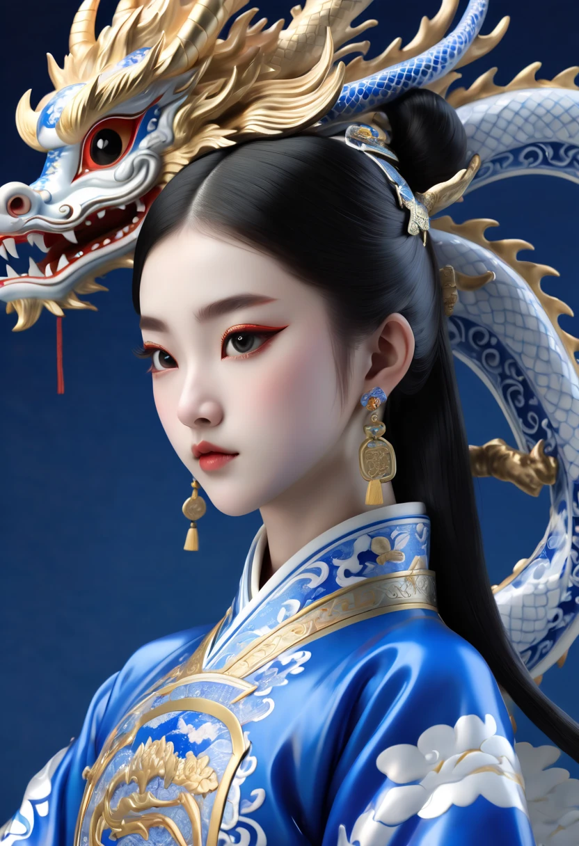 close up,In front of Blue and white porcelain dragon stands a Chinese girl,16 years old,Chinese Peking Opera,Hua Dan,Tin foil gold,wearing a gorgeous Hanfu,Chinese Blue and white porcelain dragon,grand scene, minimalism, Chinese dragon, C4D rendering, Surrealism, master works, movie lighting, Ultra HD, fine detail, color rating, 32K HD