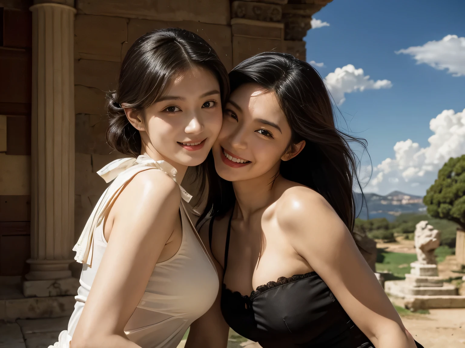 Ancient Roman scenery in the style of Nicolas Poussin,A smile,,Sweet and seductive appearance.、Caravaggio's paintings、Chiaroscuro of Caravaggio、Hair disheveled in the wind,Two women frolicking,Cute smile, Expression of ecstasy,A sexy,erotic